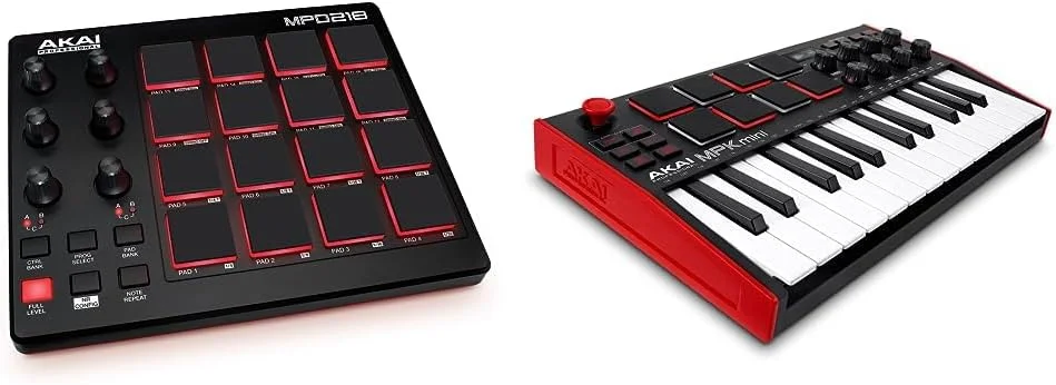 AKAI Professional MPD218 - کنترلر پد MIDI، دستگاه پد درام، بیت ساز با 16 پد و AKAI Professional MPK Mini MK3 – کنترلر کیبورد MIDI USB با 25 کلید