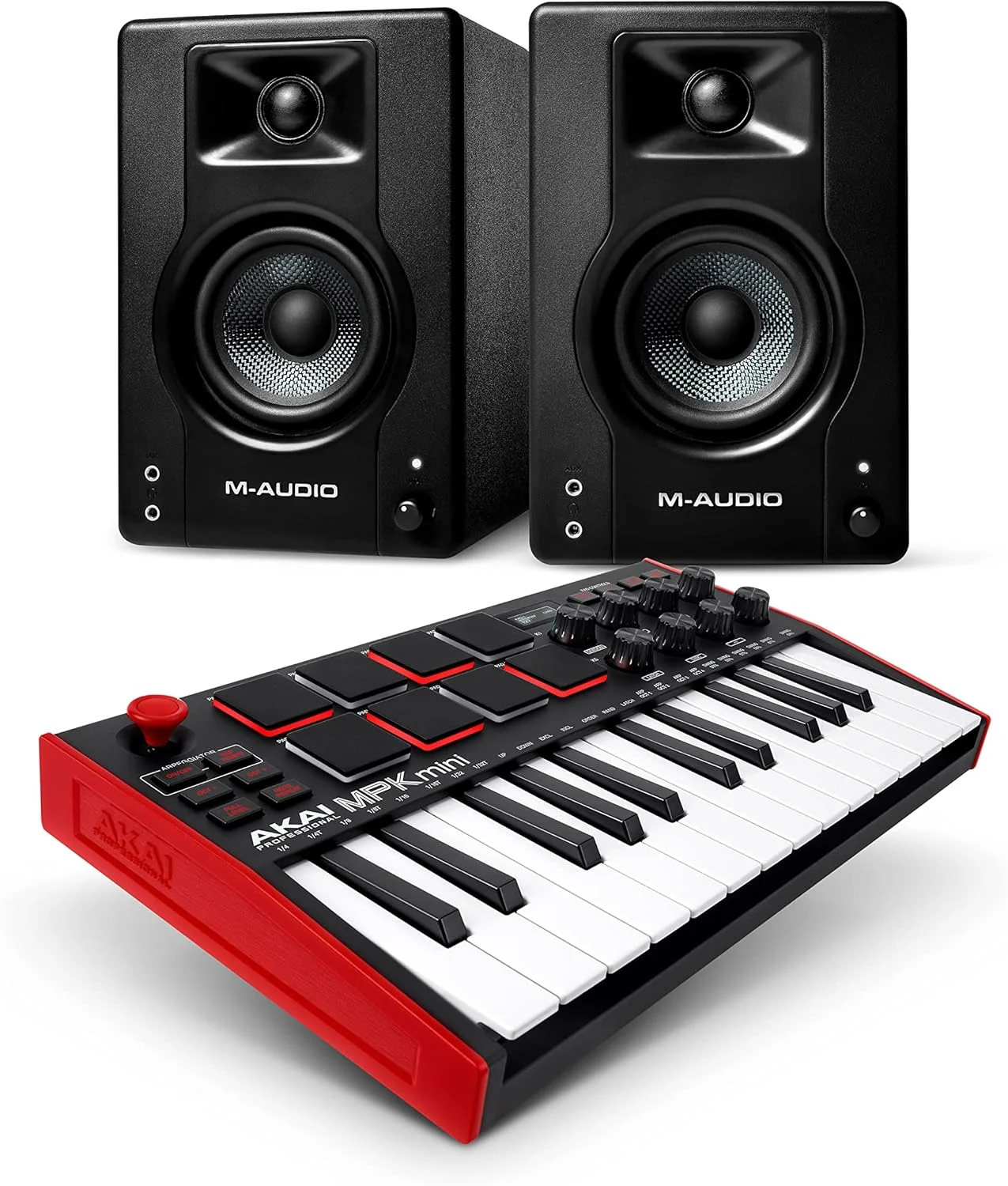 AKAI Professional MPK Mini MK3 و M-Audio BX3 – کنترلر میدی کیبورد USB با 25 کلید، پد درام و اسپیکر مانیتور استودیویی 3.5 اینچی برای ضبط