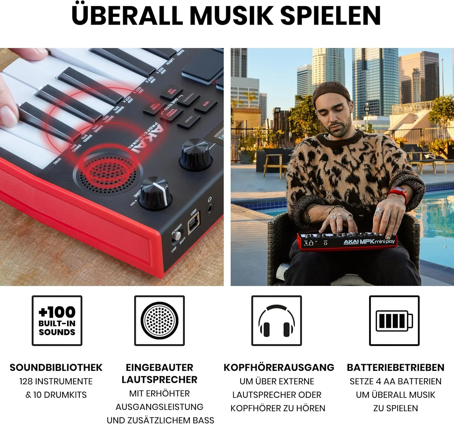 Akai Professional MPK Mini Play MK3 - کنترلر کیبورد MIDI با بلندگوی داخلی و صداها، کلاویه های داینامیک، پدهای MPC، نرم افزار و بسته صداهای Native Instruments