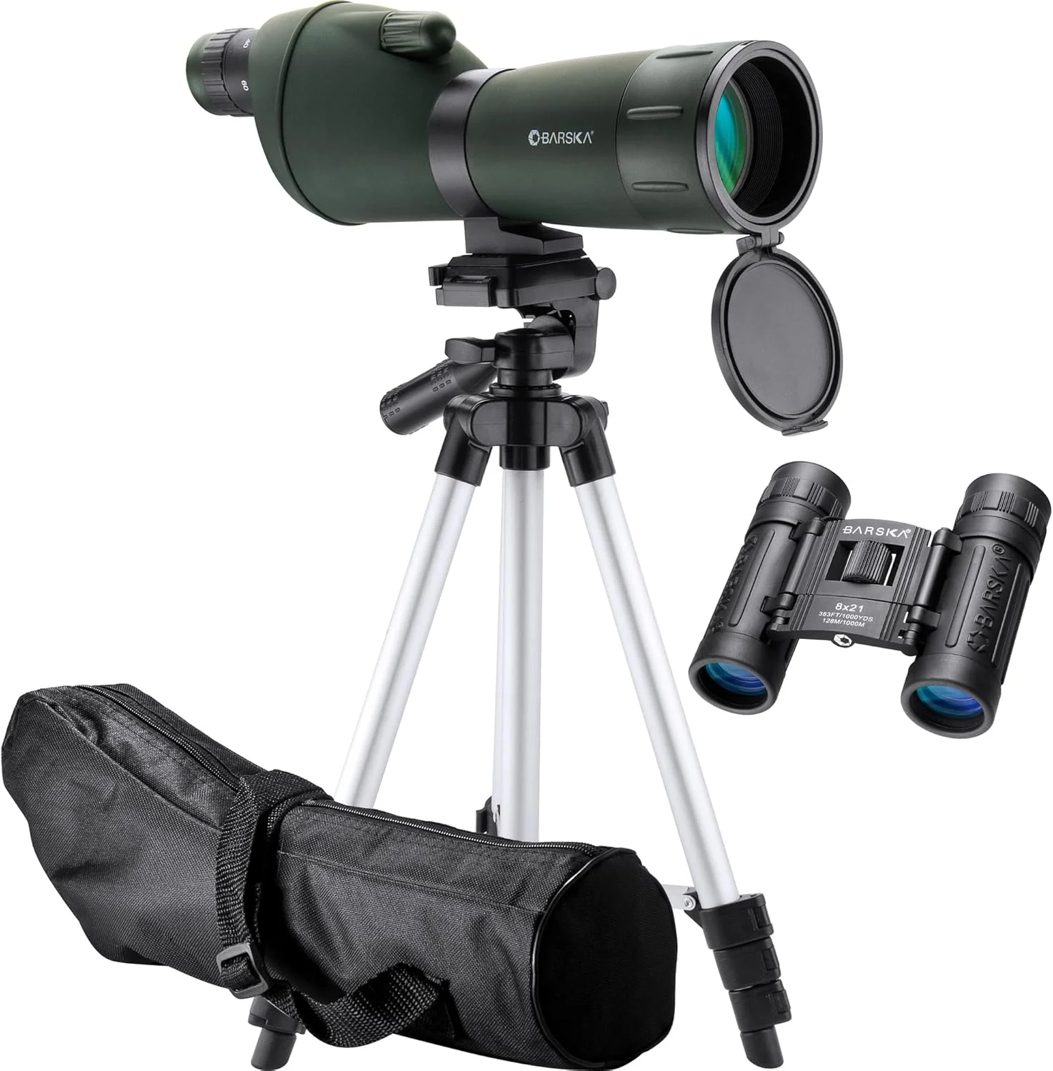 تلسکوپ دیدبانی 60x60-20 بارسکا به همراه سه پایه و دوربین دوچشمی فشرده 21x8 - اپتیک ممتاز برای تماشای پرندگان، شکار، تیراندازی به هدف، حیات وحش و تماشای فضای باز