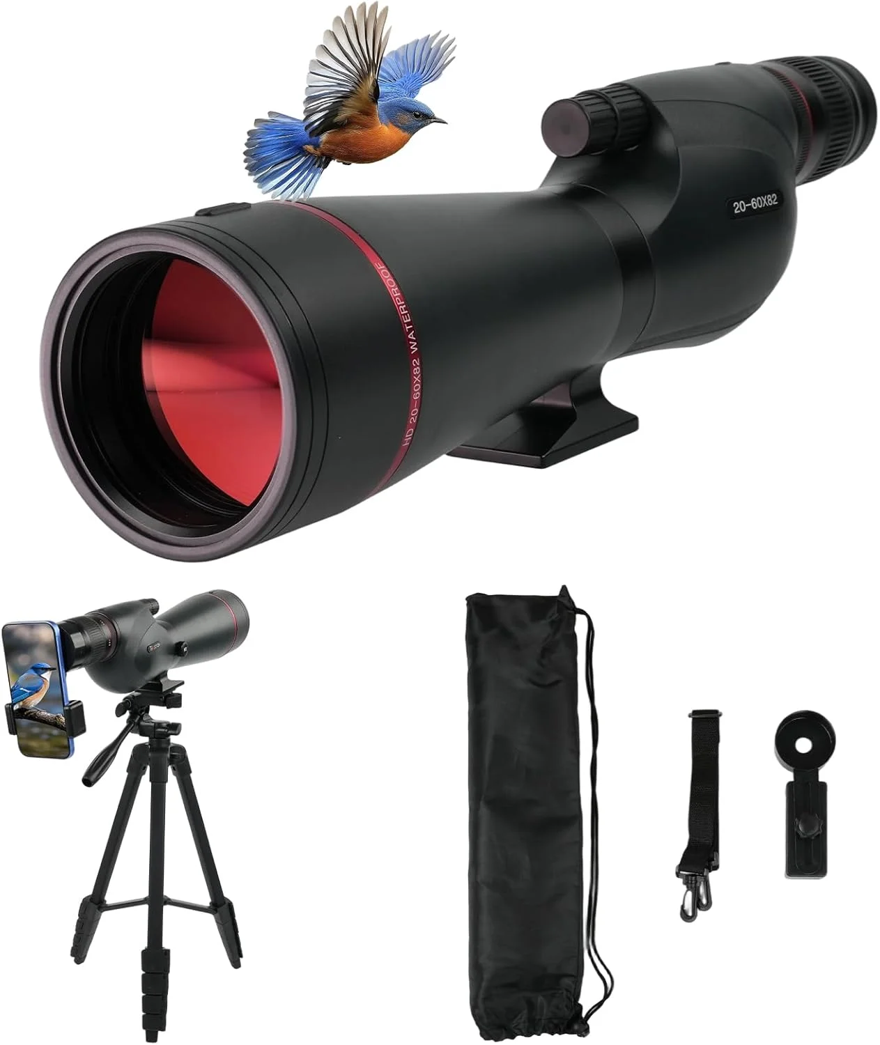 تلسکوپ های دیدبانی 25-75x82 به همراه سه پایه، کیف حمل و آداپتور تلفن همراه، مناسب برای هدف زنی، ضد آب BAK4 HD برای تماشای پرندگان و حیات وحش