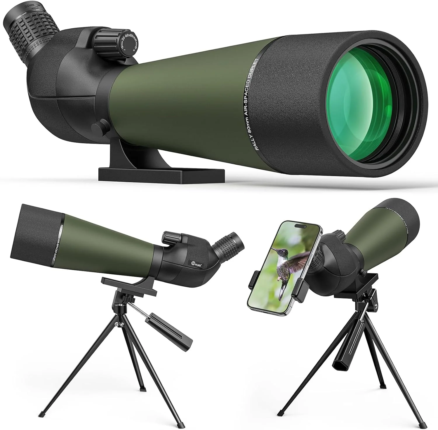 تلسکوپ دیدبانی CVLIFE با سه پایه، تلسکوپ 20-60x80 با آداپتور تلفن، BAK4 با کیفیت بالا، میدان دید گسترده، ضد آب برای تماشای پرندگان و حیات وحش
