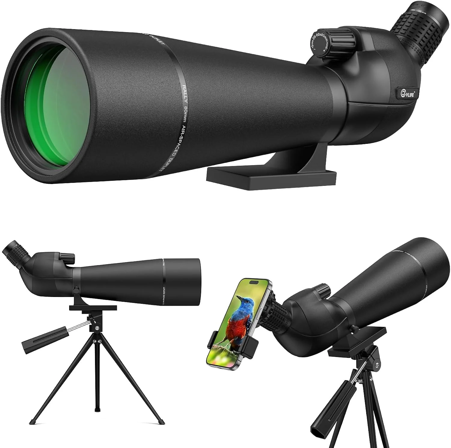 تلسکوپ دیدبانی 20-60x80 میلی‌متری CVLIFE، مناسب برای تیراندازی به هدف، ضدآب BAK4 HD برای تماشای پرندگان و حیات وحش به همراه سه پایه، آداپتور تلفن و کیف حمل، مشکی