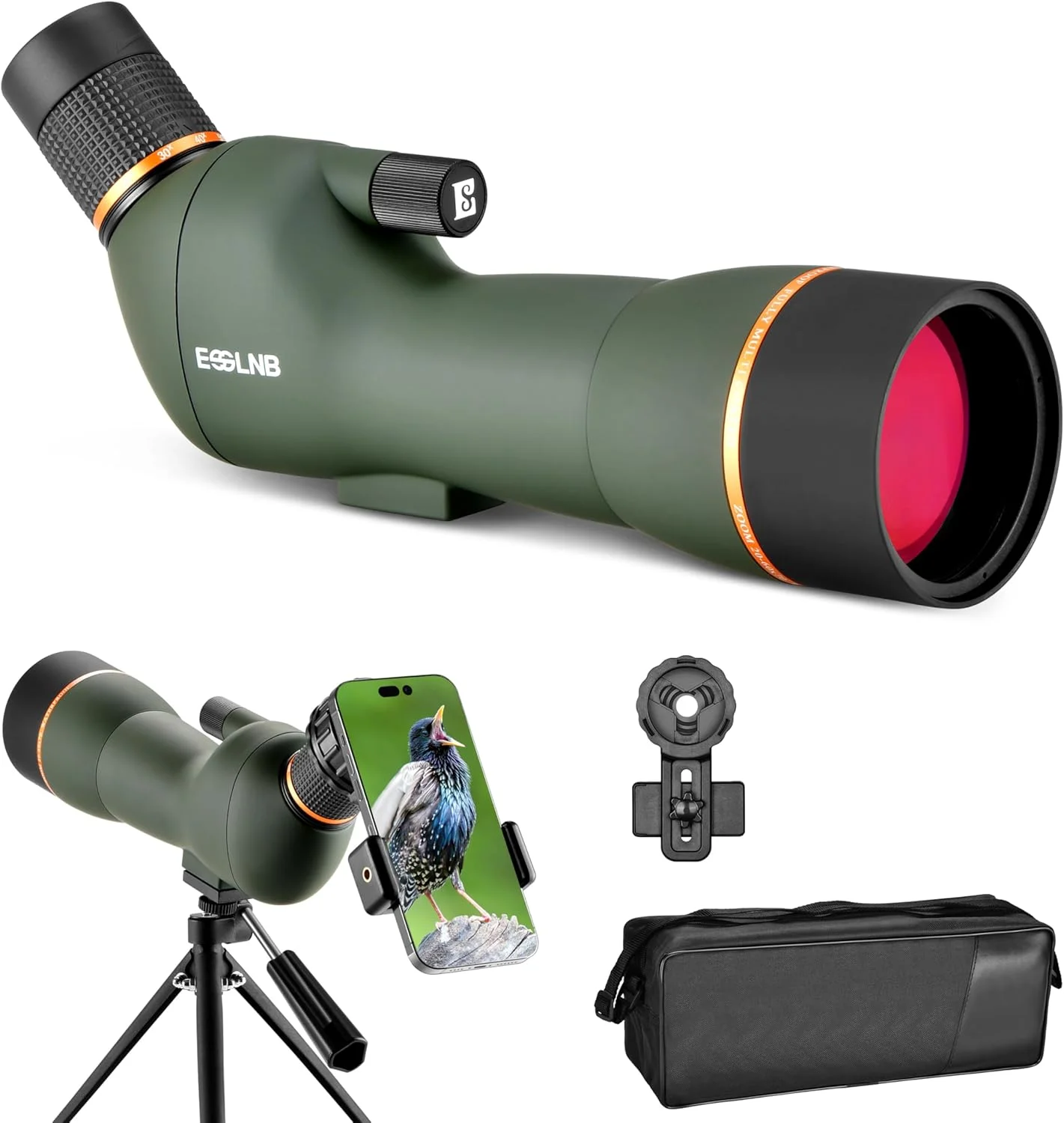 تلسکوپ های دیدبانی 70x60-20 ESSLNB به همراه سه پایه، تلسکوپ ضد آب فشرده با وضوح بالا BAK4 به همراه کیف حمل و آداپتور تلفن برای تماشای پرندگان، حیات وحش، مناظر، هدف گیری و تیراندازی