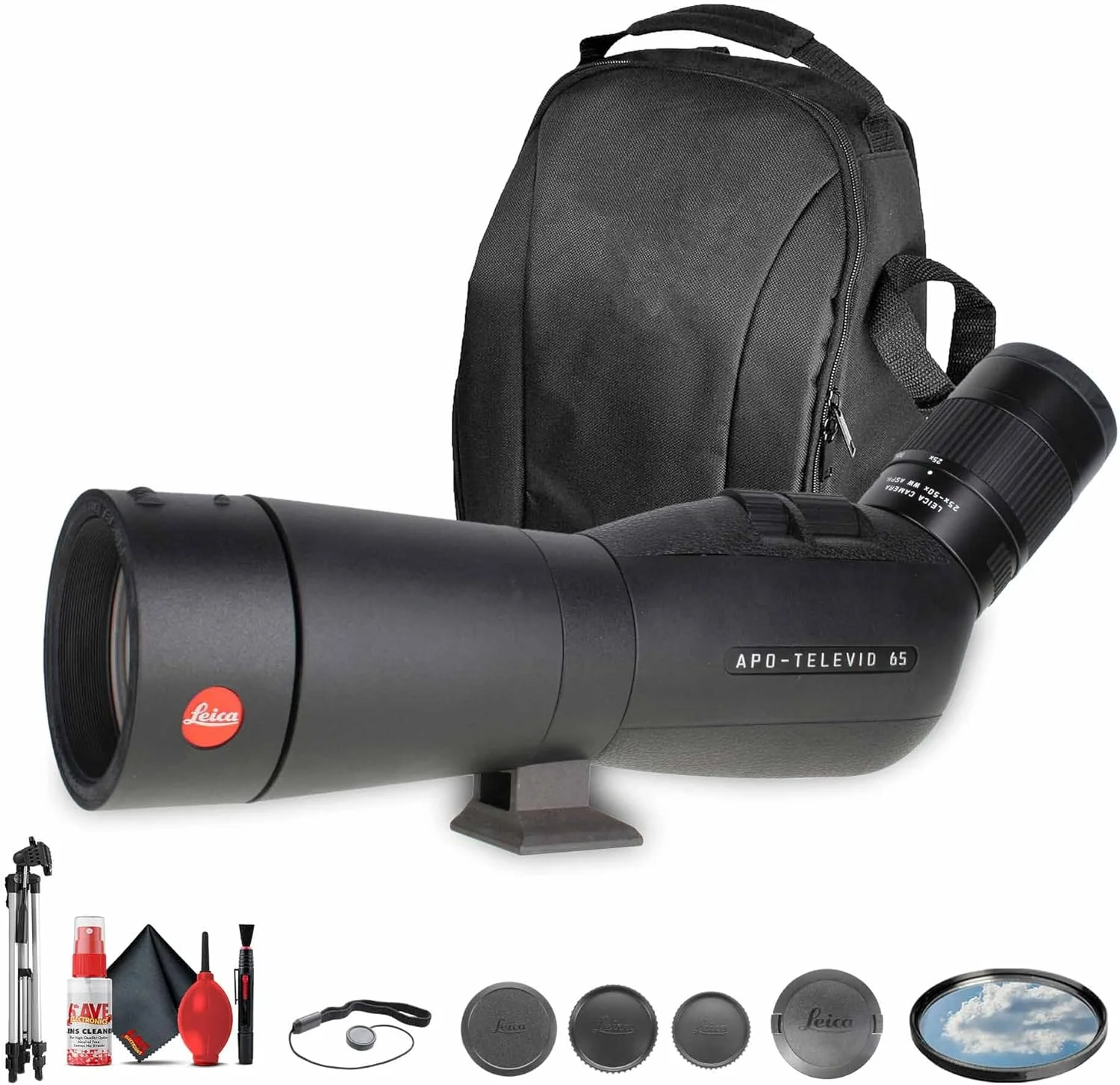 تلسکوپ دیده‌بانی زوایه‌دار لایکا APO-Televid 25-50x65mm (40149) + سه‌پایه + کوله پشتی + کیت تمیز کننده + فیلتر UV 67mm + نگهدارنده درب لنز