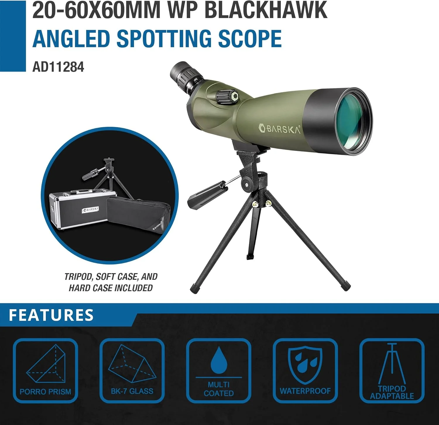 تلسکوپ دیدبانی ضدآب 60x60-20 Barska AD11284 Blackhawk با سه پایه و کیف برای تماشای پرندگان، تیراندازی به هدف، ورزش و غیره، سبز تلسکوپ دیدبانی ضدآب 60x60-20 Barska AD11284 Blackhawk با سه پایه و کیف برای تماشای پرندگان، تیراندازی به هدف، ورزش و غیره، سبز