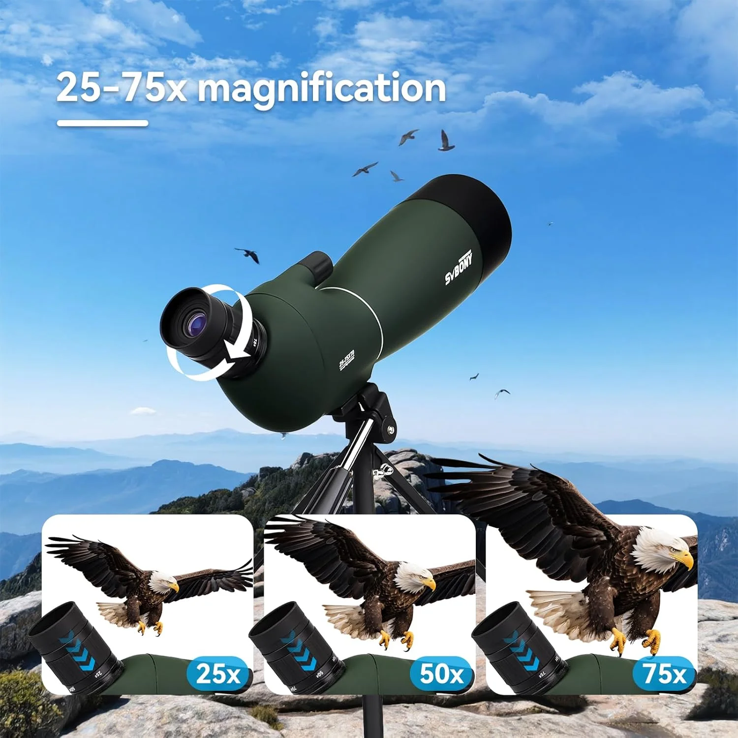 دوربین چشمی SVBONY SV28 به همراه سه پایه و دوربین وای فای SC002 برای تصویربرداری دیجیتال، ضد آب و ضد مه، 25-75x70 میلی متر، مناسب برای تیراندازی به هدف و تماشای پرندگان دوربین چشمی SVBONY SV28 به همراه سه پایه و دوربین وای فای SC002 برای تصویربرداری دیجیتال، ضد آب و ضد مه، 25-75x70 میلی متر، مناسب برای تیراندازی به هدف و تماشای پرندگان