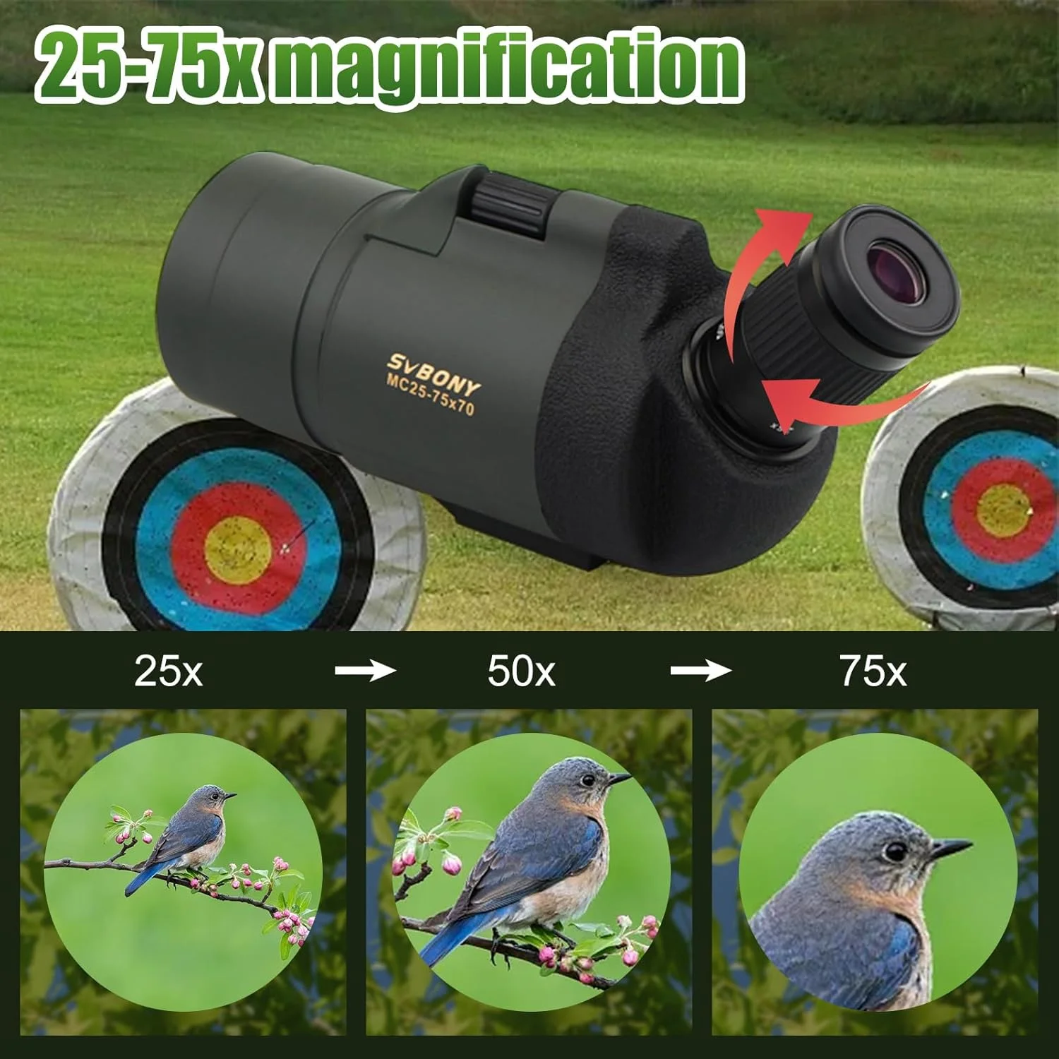 تلسکوپ دیدبانی SVBONY SV41 Mak به همراه سه پایه برای هدف گیری، 25-75x70، جمع و جور، مناسب برای شکار، تیراندازی، مسافرت و کمپینگ تلسکوپ دیدبانی SVBONY SV41 Mak به همراه سه پایه برای هدف گیری، 25-75x70، جمع و جور، مناسب برای شکار، تیراندازی، مسافرت و کمپینگ