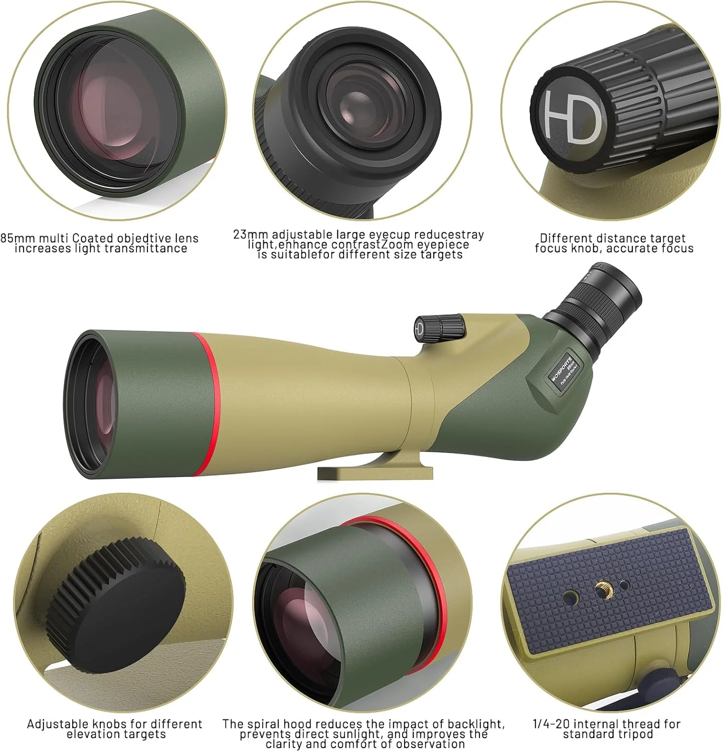 دوربین چشمی 25-75x85 WOSPORTS با سه پایه، کیف حمل، آداپتور تلفن، منشور Porro BAK4 HD، ضد آب برای شکار، تیراندازی به هدف، تماشای پرندگان، تماشای حیات وحش، سبز تیره