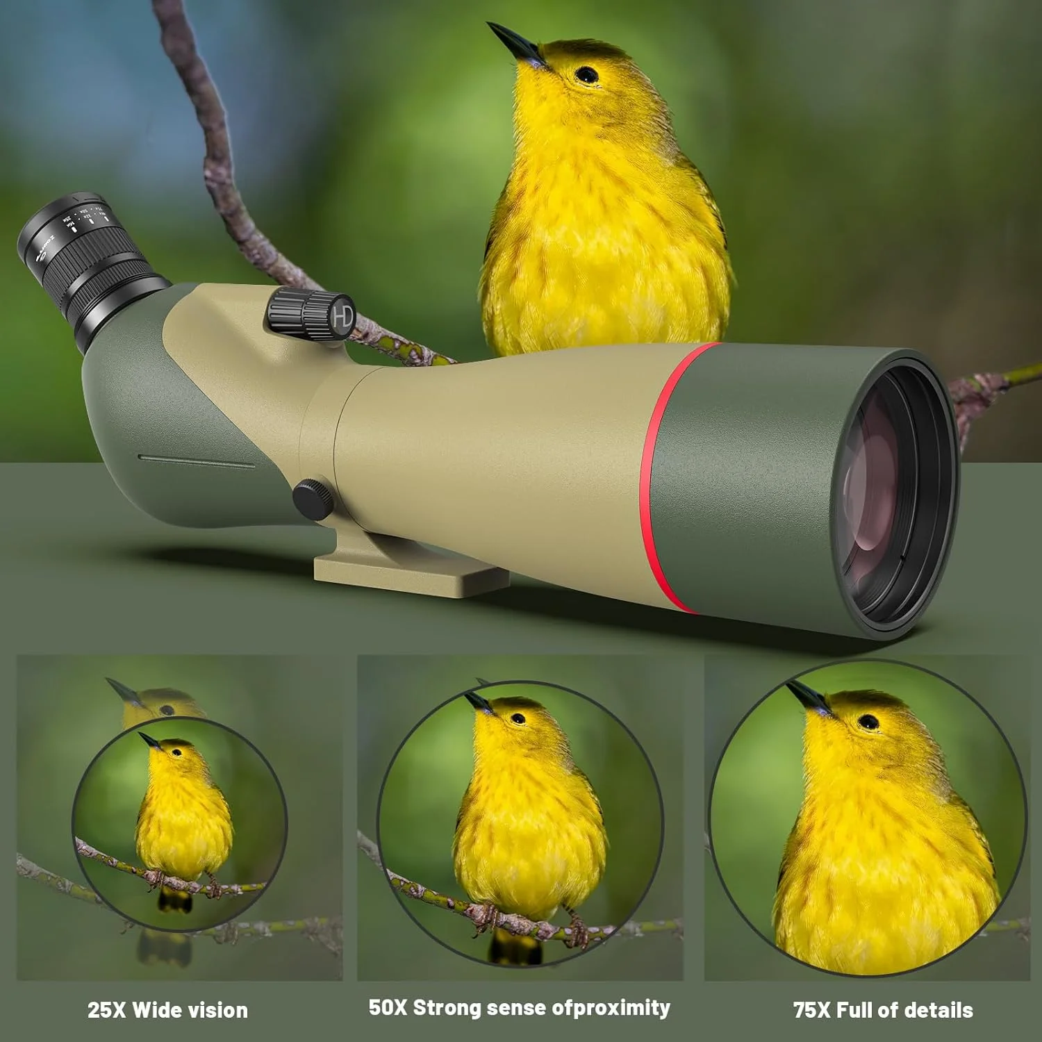 دوربین چشمی 25-75x85 WOSPORTS با سه پایه، کیف حمل، آداپتور تلفن، منشور Porro BAK4 HD، ضد آب برای شکار، تیراندازی به هدف، تماشای پرندگان، تماشای حیات وحش، سبز تیره