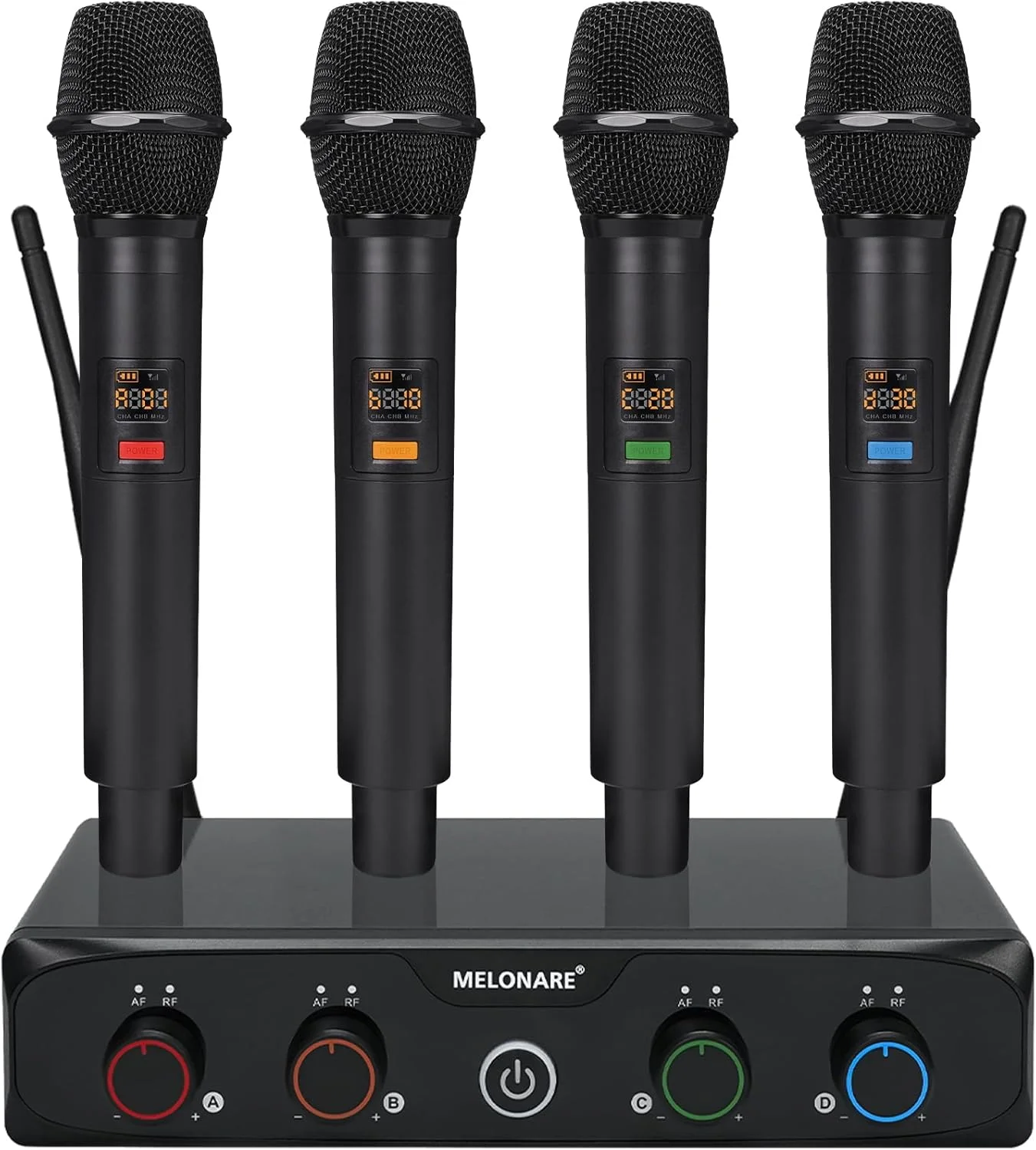 سیستم میکروفون بی‌سیم 4K، مجموعه میکروفون بی‌سیم UHF جمع و جور با 4x10 فرکانس، برد 61.0 متری، میکروفون دستی دینامیک برای آواز خواندن، کارائوکه، کلیسا، دی جی، عروسی (MWM-41-4H)