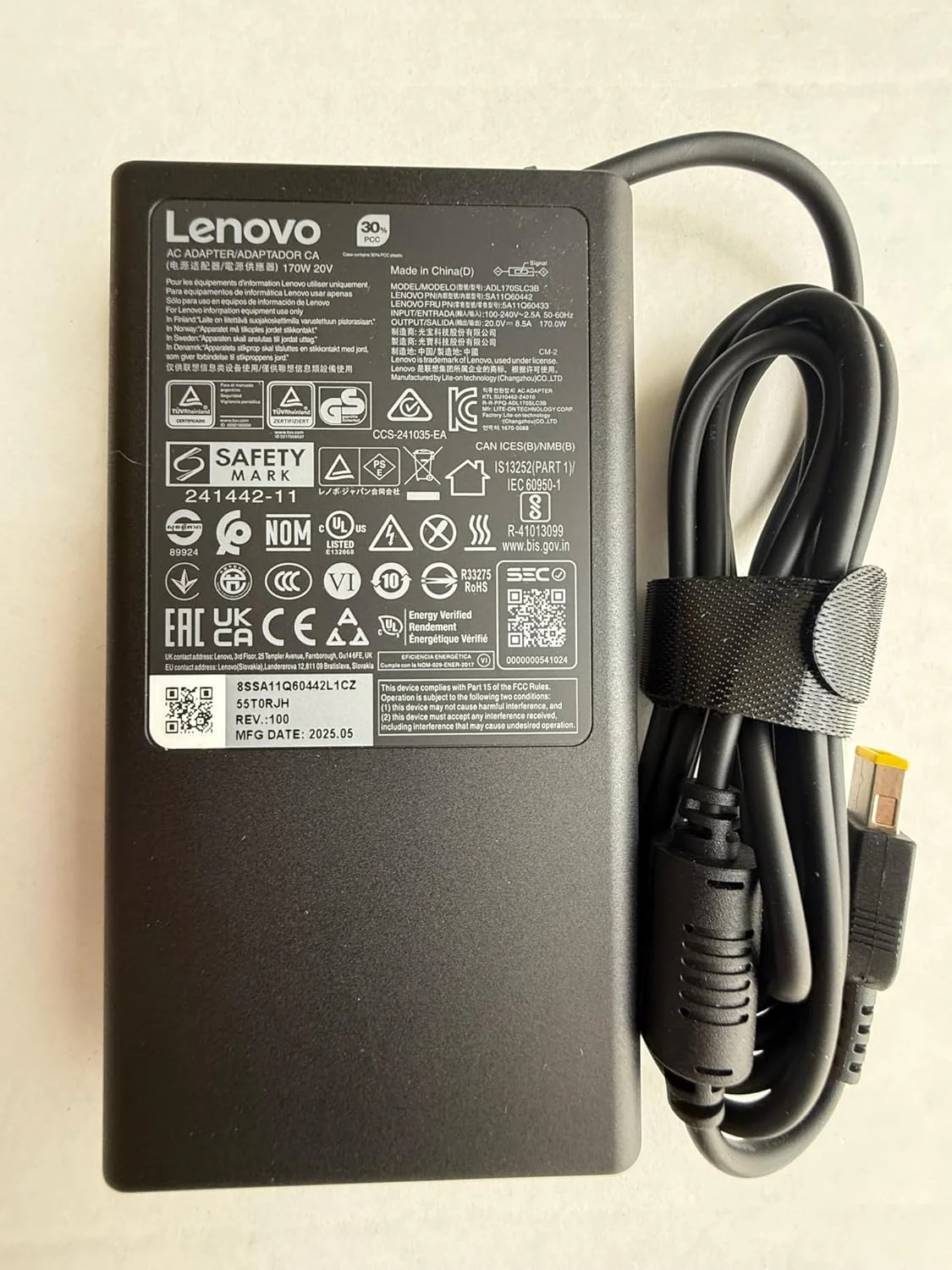 آداپتور AC لنوو 20V 8.5A 170W با نوک باریک زرد رنگ برای Lenovo Yoga Pro 16 Aura Ai، سازگار با P/N: ADL170SLC3B, SA11Q60442, 5A11Q60433.