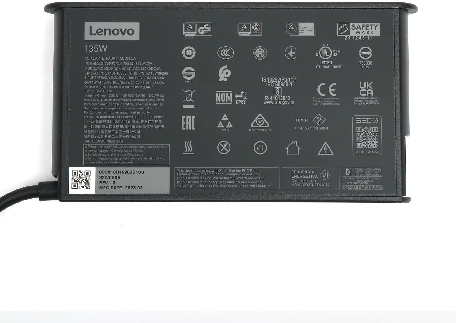 آداپتور AC اصلی جایگزین لنوو 135W USB Type C برای ThinkBook 14 G2 ITL 20VD، ThinkPad P16s Gen 1 21BU، سازگار با P/N: ADL135YSDC3A، SA10R16963، 5A10W86296، مشکی