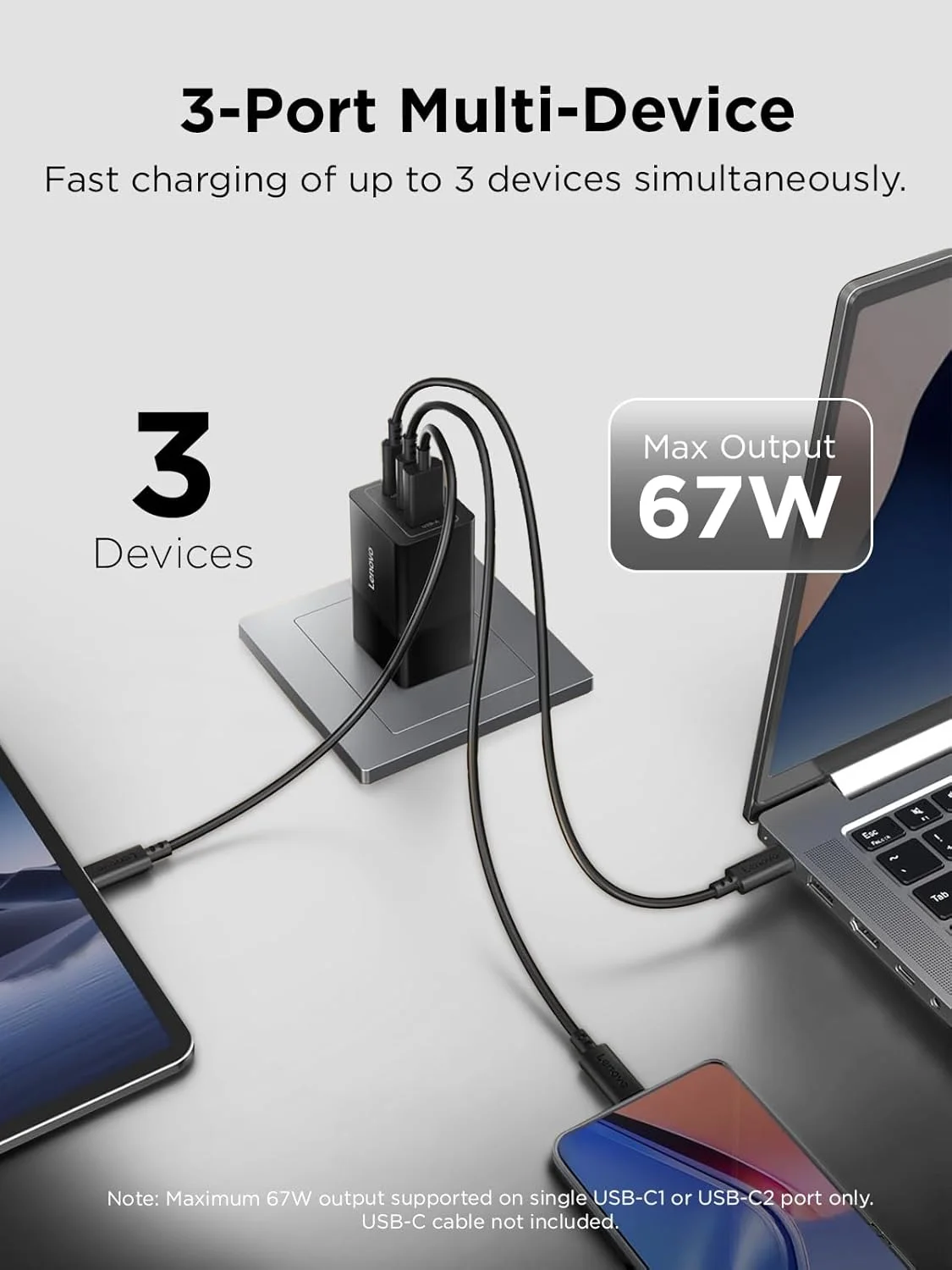 شارژر 67 واتی USB-C لنوو، شارژ سریع 3 پورت برای دستگاه های متعدد، شارژر GaN پیشرفته، شارژر دیواری سریع و جمع و جور، برای مک بوک پرو/ایر، دل XPS، سری آیفون 16، سامسونگ گلکسی و غیره