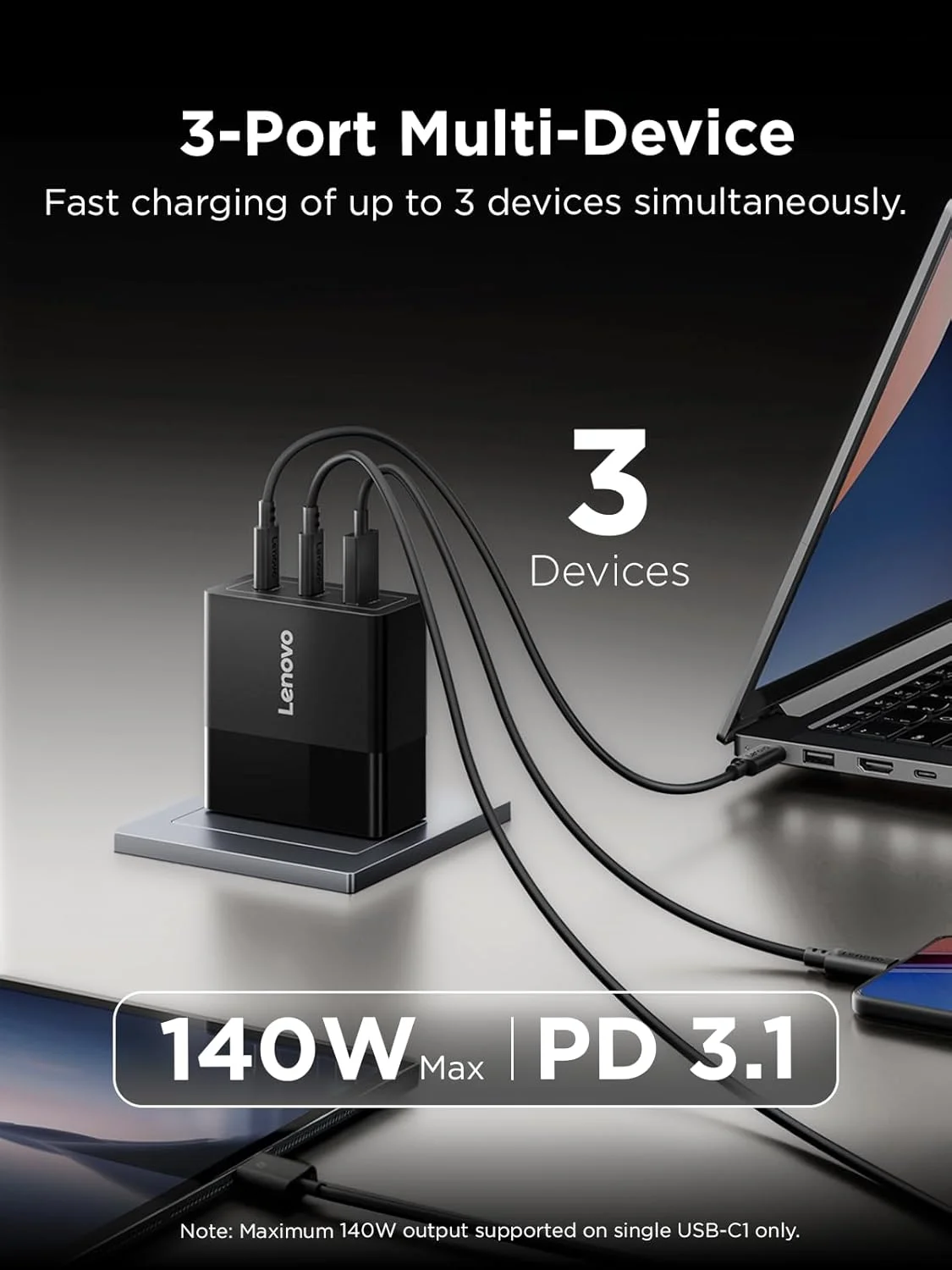 شارژر 140 واتی USB-C لنوو، آداپتور برق GaN با شارژ سریع 3 پورت، سازگار با PD 3.1، مشکی، برای ThinkPad، MacBook، iPhone، Samsung Galaxy، همراه با کابل 240 واتی