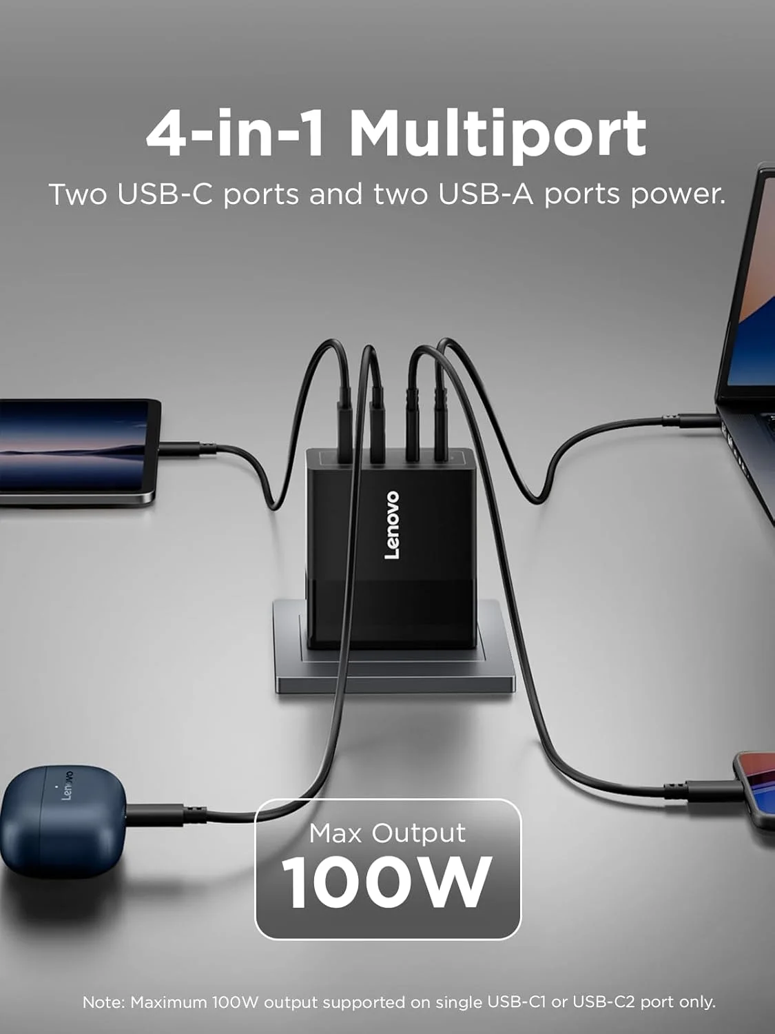 شارژر 100 واتی USB C لنوو، شارژ سریع 4 پورت برای دستگاه های مختلف، آداپتور برق مشکی GaN با کابل 240 واتی، برای Thinkpad، MacBook، Dell XPS، iPhone، Samsung