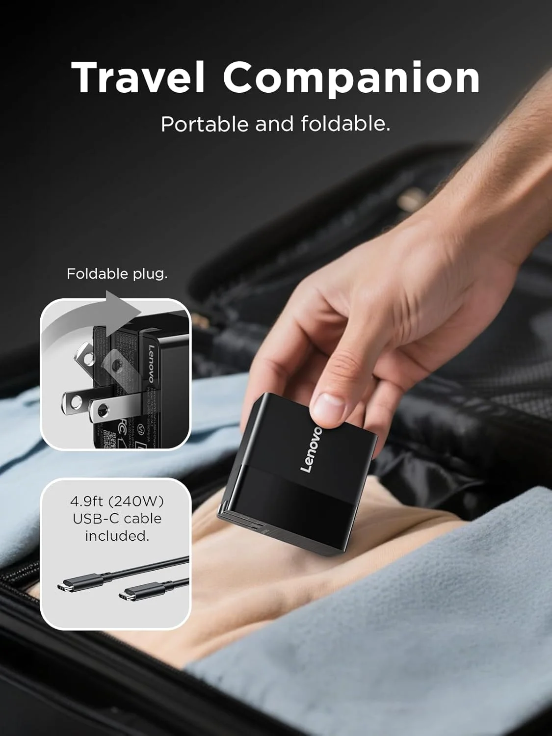 شارژر 140 واتی USB-C لنوو، آداپتور برق GaN با شارژ سریع 3 پورت، سازگار با PD 3.1، مشکی، برای ThinkPad، MacBook، iPhone، Samsung Galaxy، همراه با کابل 240 واتی