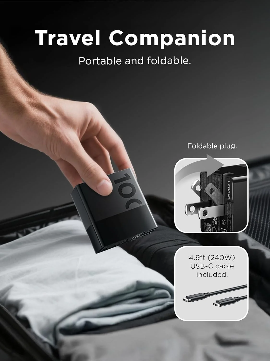 شارژر 100 واتی USB C لنوو، شارژ سریع 4 پورت برای دستگاه های مختلف، آداپتور برق مشکی GaN با کابل 240 واتی، برای Thinkpad، MacBook، Dell XPS، iPhone، Samsung