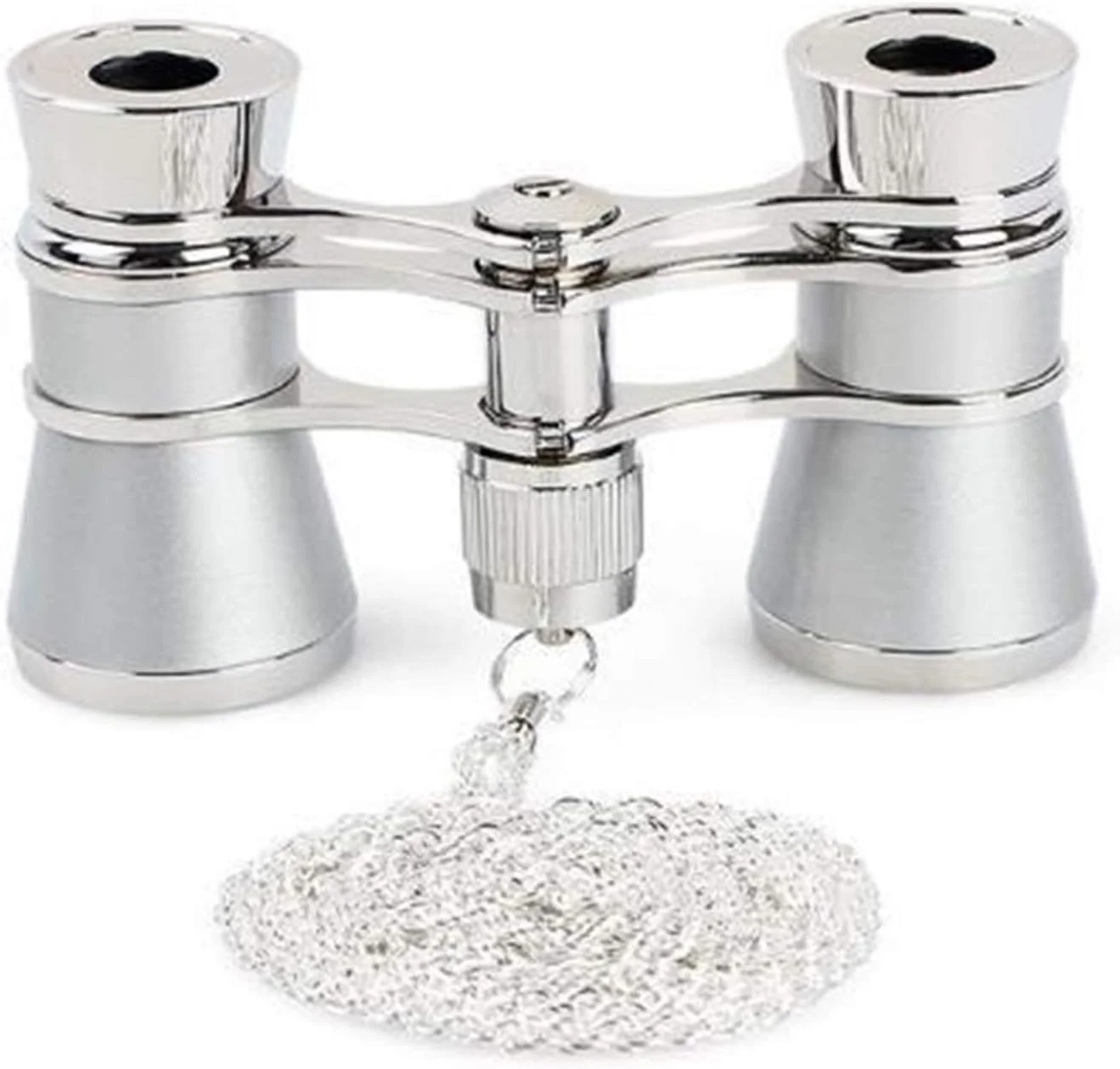 دوربین تئاتر تاشو 3 X 25 با بدنه فلزی و زنجیر، لنز اپتیکال، هدیه ای برای بانوان، تک چشمی شفاف (نقره ای)