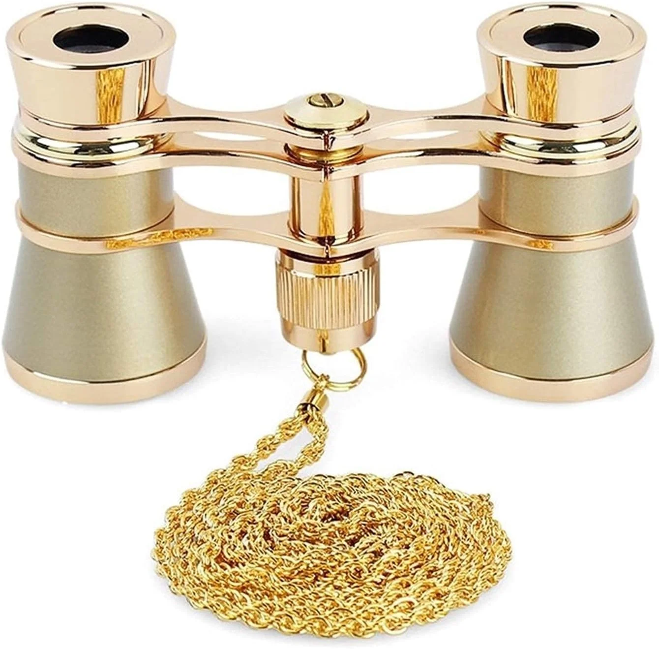 دوربین تئاتر 3X25 با بدنه فلزی، زنجیر/دسته، لنز اپتیکال، تلسکوپ طراحی رترو، هدیه ای شفاف برای زنان و دختران (طلایی با زنجیر)