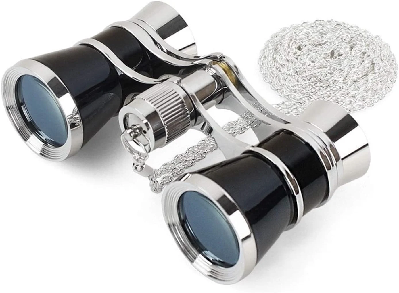دوربین تئاتر تاشو 3X25 با بدنه فلزی و زنجیر، لنز اپتیکال، هدیه ای برای بانوان، تک چشمی شفاف (مشکی)