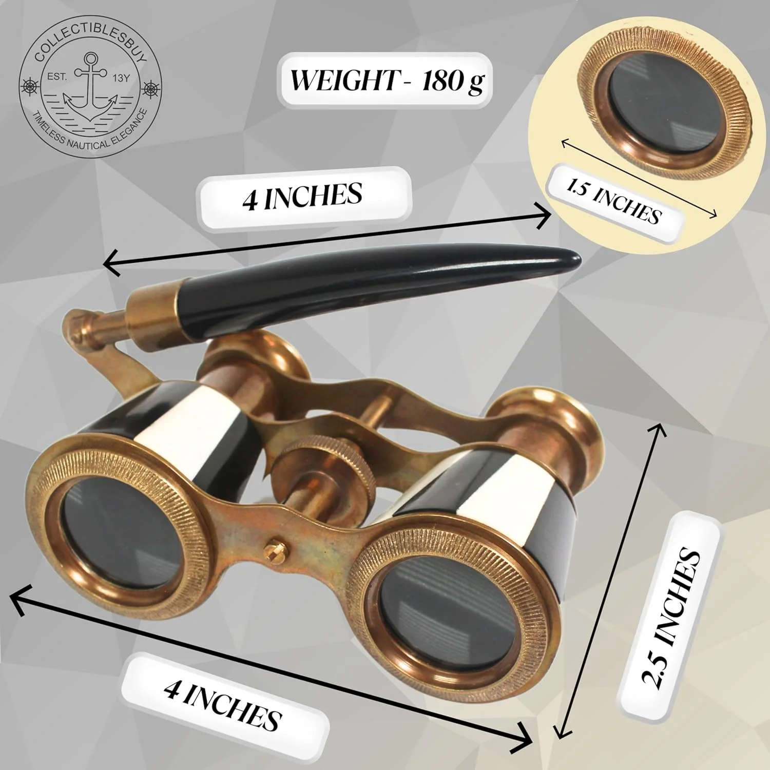 دوربین تئاتر لوکس با دسته - دوربین صحنه برنجی عتیقه با روکش مینای سیاه و سفید - کلکسیونی رترو برای کنسرت ها، هدیه و دکوراسیون منزل