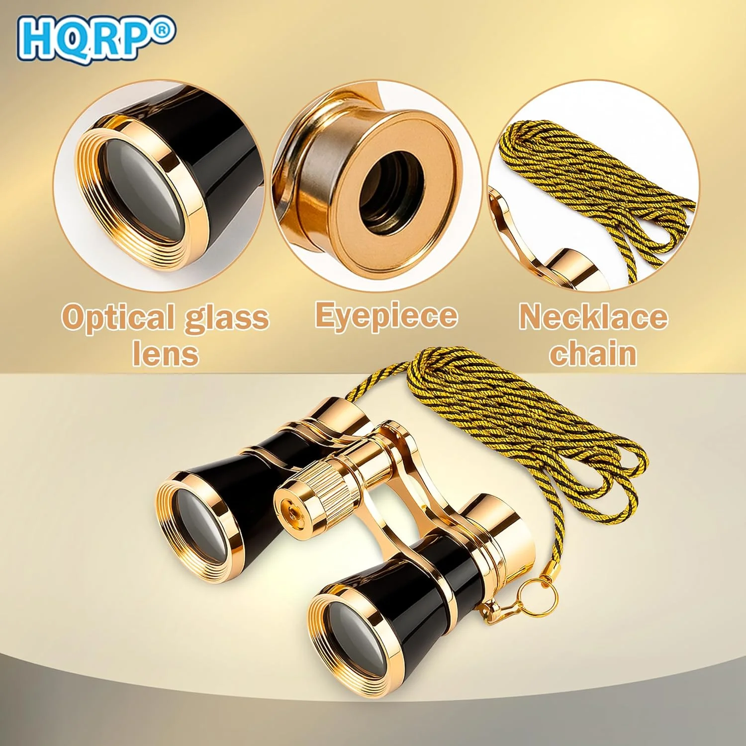 دوربین تئاتر HQRP 3x25، مشکی با تزیین طلایی و زنجیر گردنبند، مناسب کنسرت موسیقی، رویدادهای ورزشی و غیره برای بزرگسالان، کودکان و بانوان