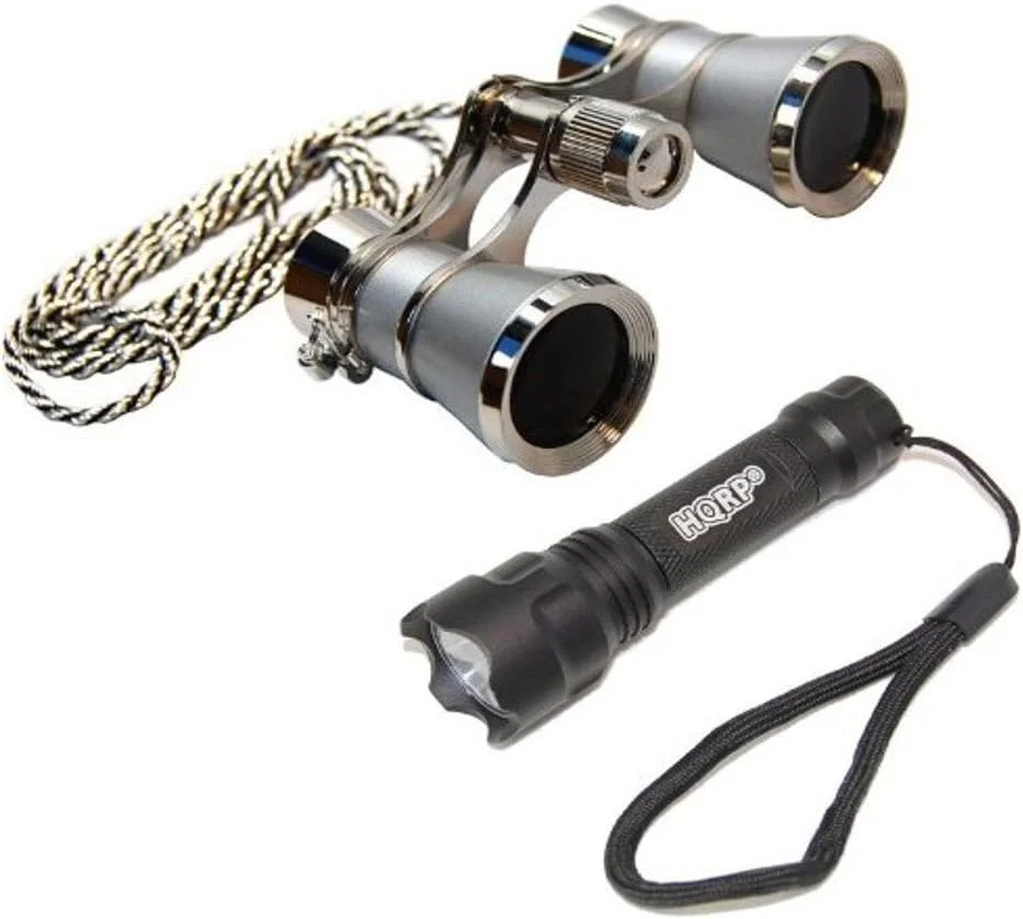دوربین تئاتر 3x25 HQRP با اپتیک شفاف کریستالی، مروارید پلاتینی با زنجیر گردنبند + چراغ قوه فوق العاده روشن دوربین تئاتر 3x25 HQRP با اپتیک شفاف کریستالی، مروارید پلاتینی با زنجیر گردنبند + چراغ قوه فوق العاده روشن