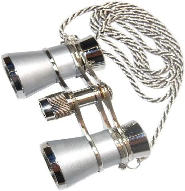 دوربین تئاتر 3x25 HQRP با اپتیک شفاف کریستالی، مروارید پلاتینی با زنجیر گردنبند + چراغ قوه فوق العاده روشن