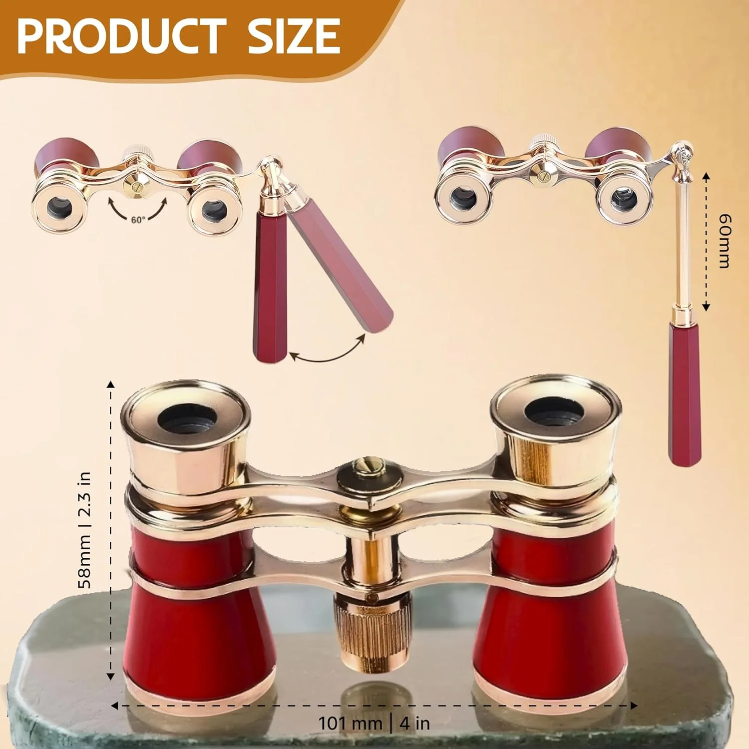 دوربین تئاتر 3X25 با دسته تاشو برای بزرگسالان، کودکان و بانوان، دوربین کوچک و قابل حمل برای تئاتر و کنسرت (قرمز با دسته)