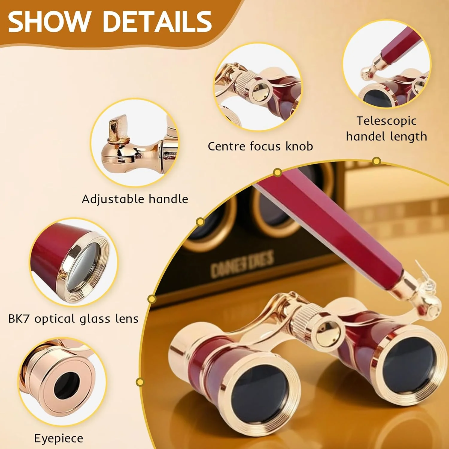 دوربین تئاتر 3X25 با دسته تاشو برای بزرگسالان، کودکان و بانوان، دوربین کوچک و قابل حمل برای تئاتر و کنسرت (قرمز با دسته)