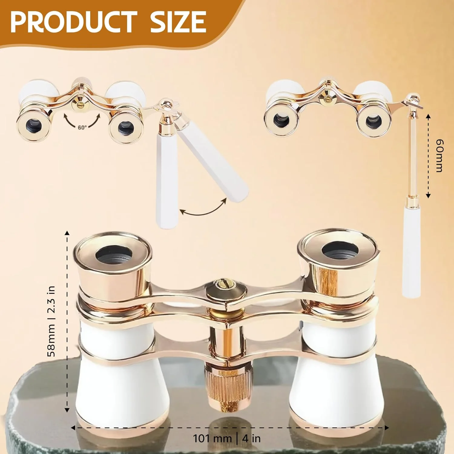 دوربین تئاتر 3X25 با دسته تاشو برای بزرگسالان، کودکان و بانوان، دوربین کوچک و قابل حمل برای تئاتر و کنسرت (سفید با دسته)