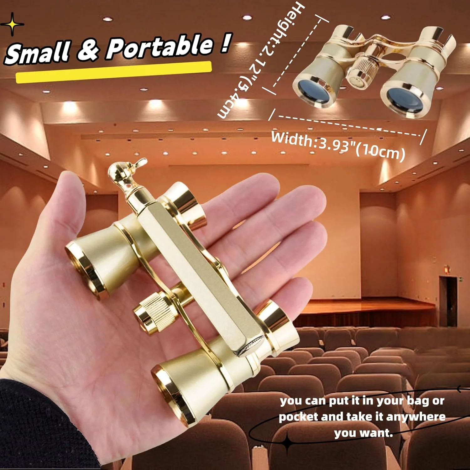 دوربین تئاتر، 3X25، جنس فلزی، طرح قدیمی و ظریف، با دسته قابل تنظیم برای بزرگسالان، کودکان و بانوان مناسب کنسرت موسیقی و سینما.