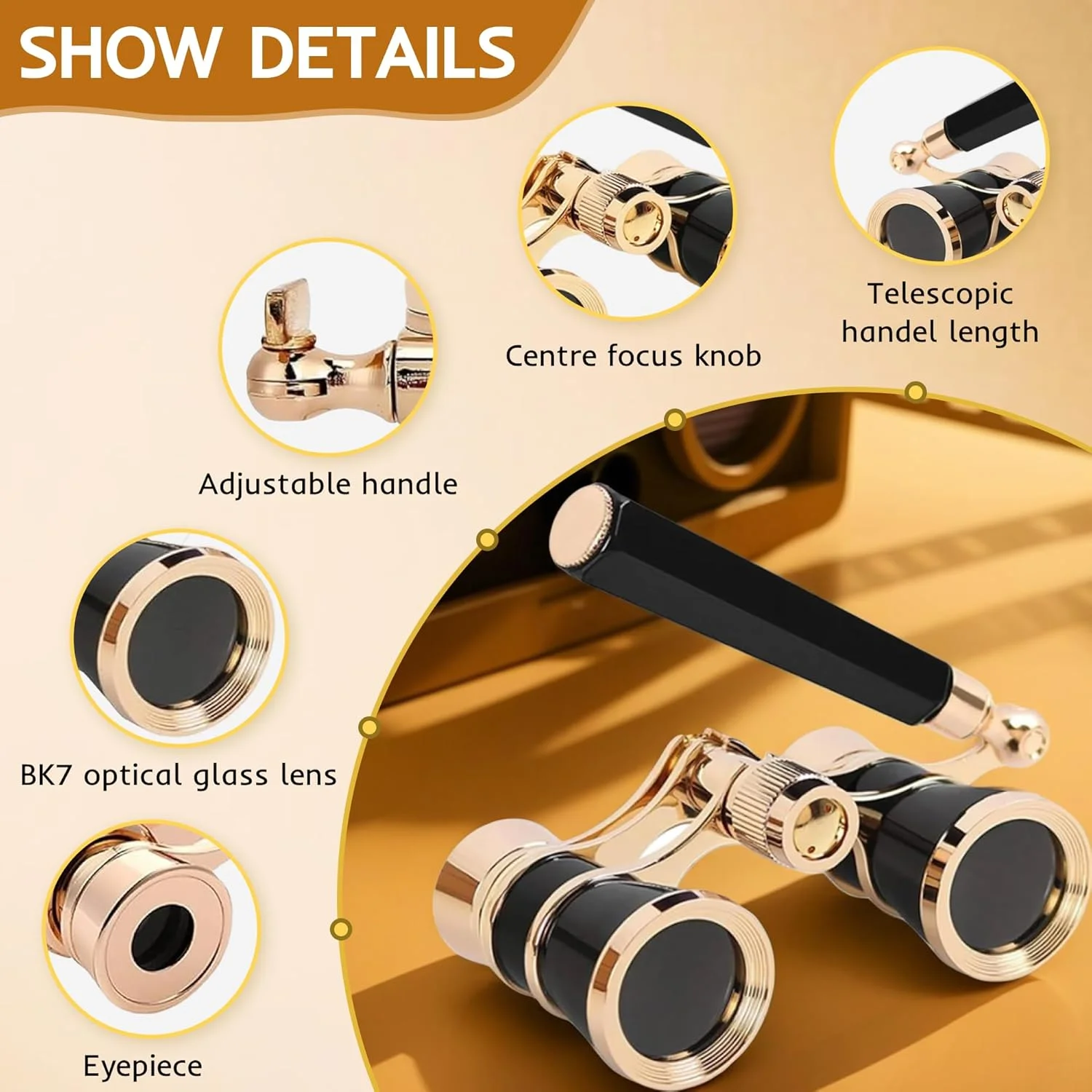 دوربین تئاتر 3X25 با دسته تاشو برای بزرگسالان، کودکان و بانوان، دوربین کوچک و قابل حمل برای تئاتر و کنسرت (مشکی با دسته)