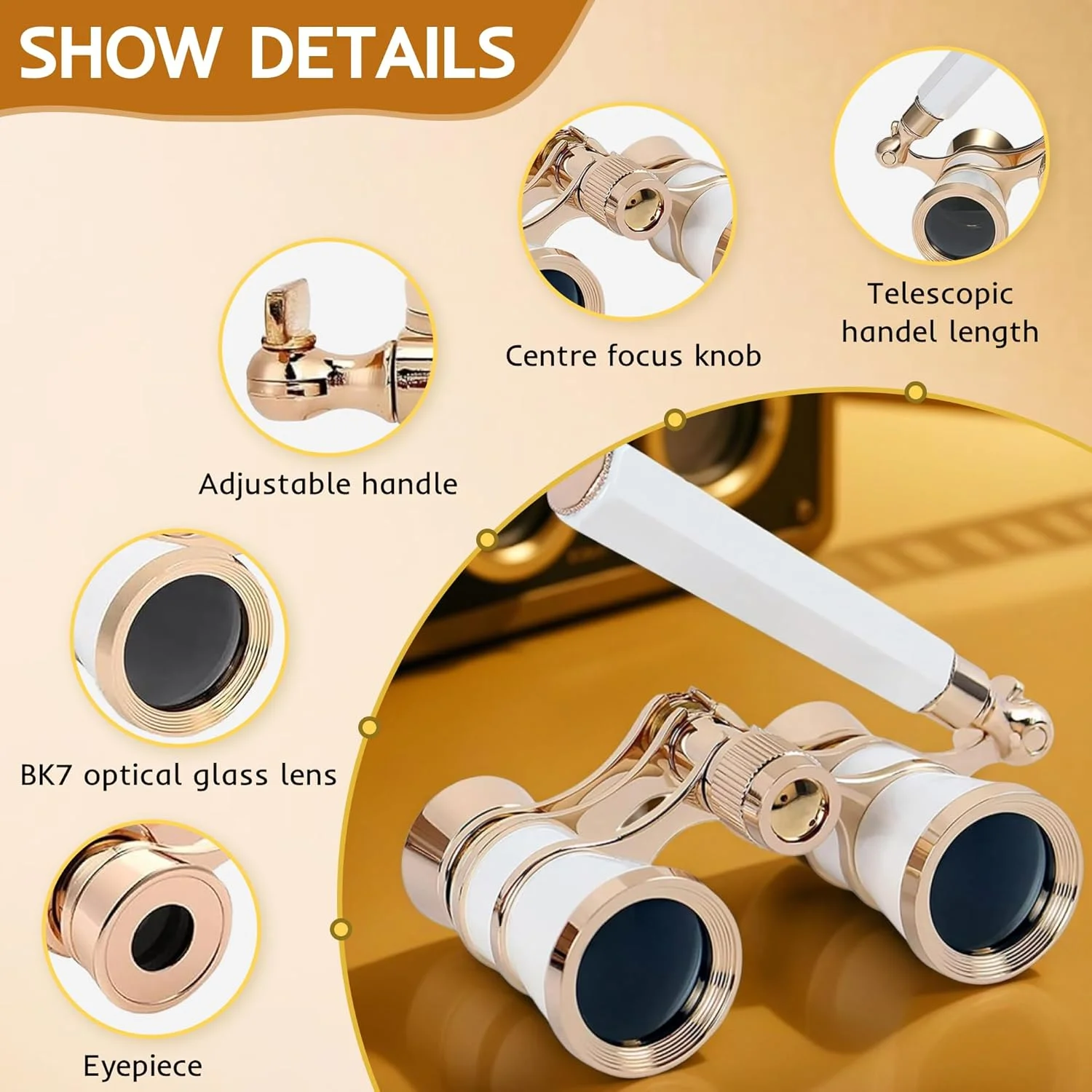 دوربین تئاتر 3X25 با دسته تاشو برای بزرگسالان، کودکان و بانوان، دوربین کوچک و قابل حمل برای تئاتر و کنسرت (سفید با دسته)