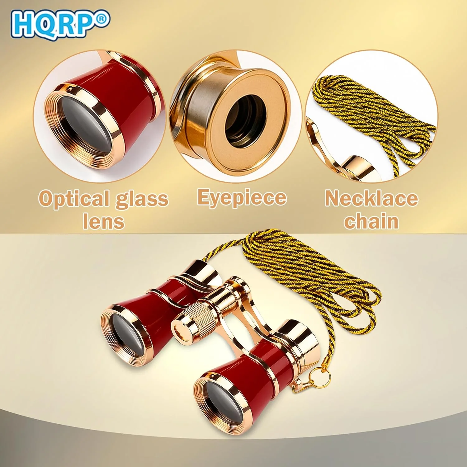 دوربین تئاتر HQRP 3x25، با لنزهای شفاف (CCO)، رنگ بورگاندی با تزیین طلایی، دارای زنجیر گردنبند، مناسب برای بزرگسالان، کودکان و بانوان در کنسرت های موسیقی، رویدادهای ورزشی و غیره.
