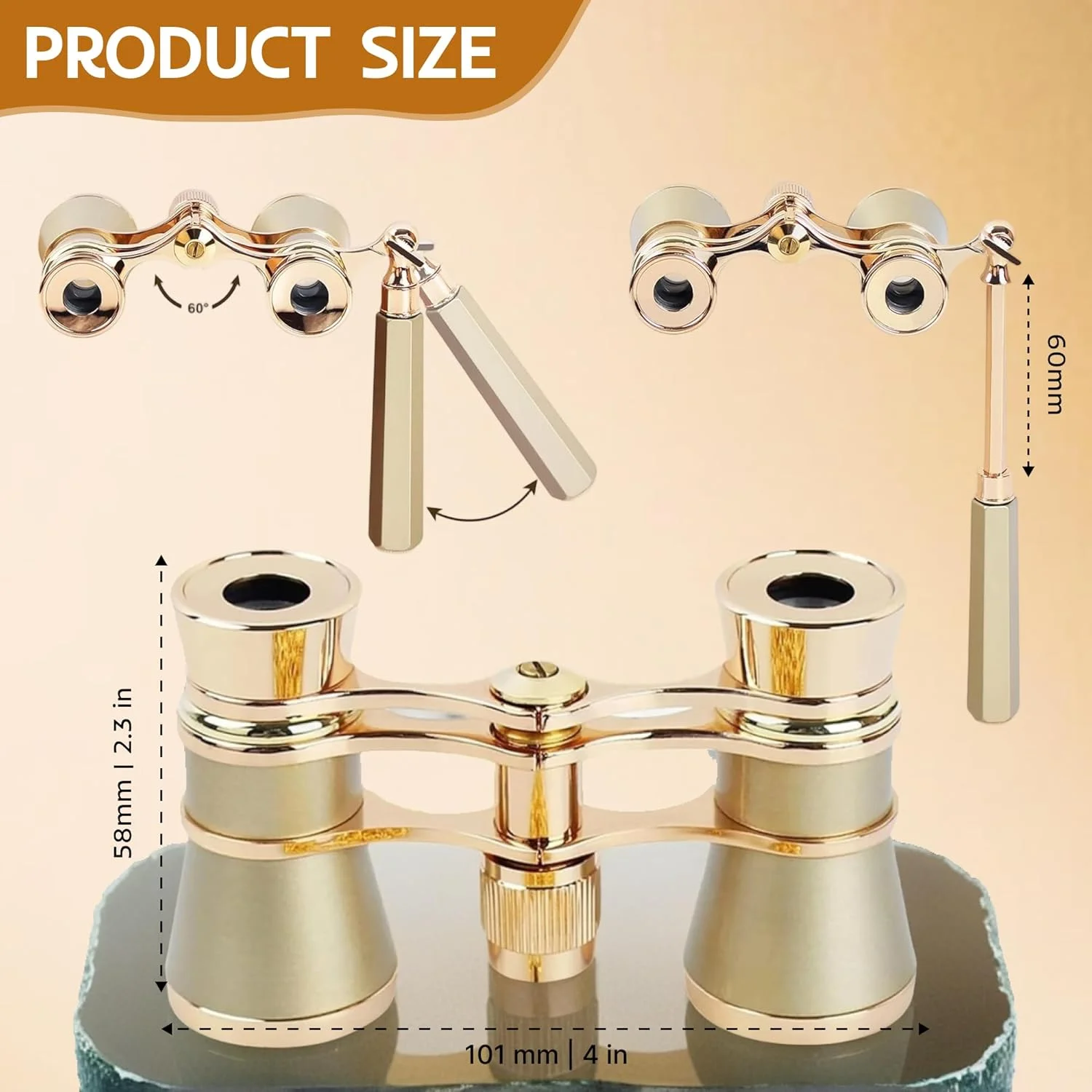 دوربین تئاتر 3X25 با دسته تاشو برای بزرگسالان، کودکان و بانوان، دوربین کوچک و قابل حمل برای تئاتر و کنسرت (طلایی با دسته)