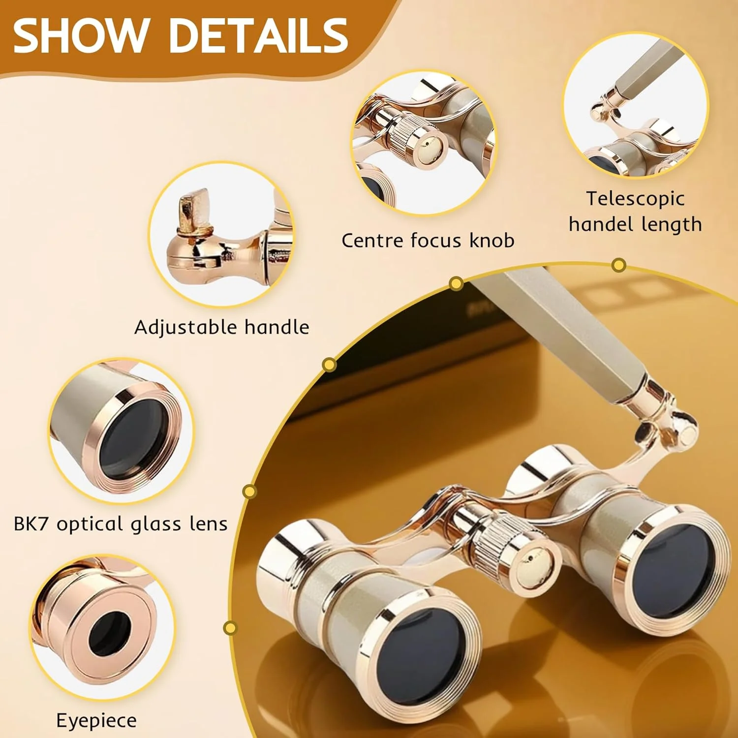 دوربین تئاتر 3X25 با دسته تاشو برای بزرگسالان، کودکان و بانوان، دوربین کوچک و قابل حمل برای تئاتر و کنسرت (طلایی با دسته)