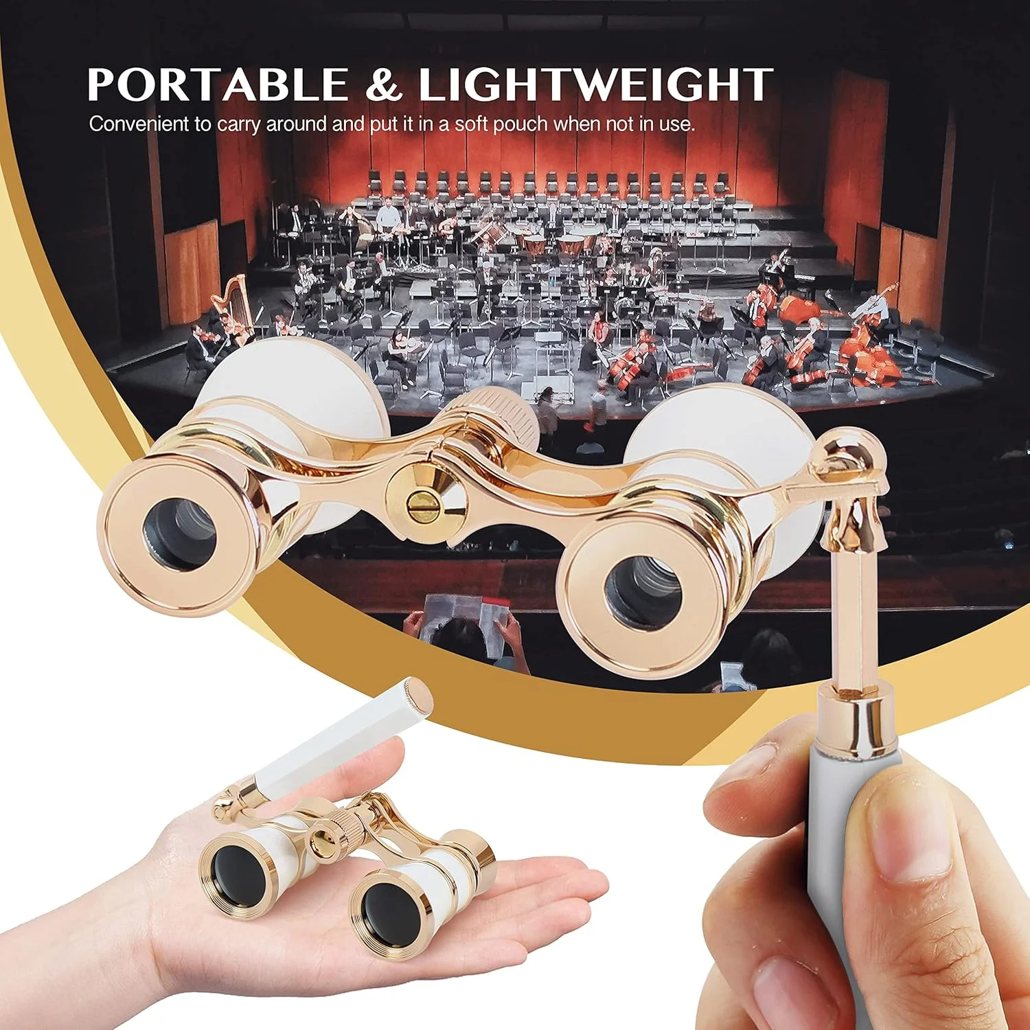 دوربین تئاتر Aomekie 3X25 با دسته، مینی دوربین جمع و جور مناسب کنسرت موسیقی برای بزرگسالان و بانوان (سفید)