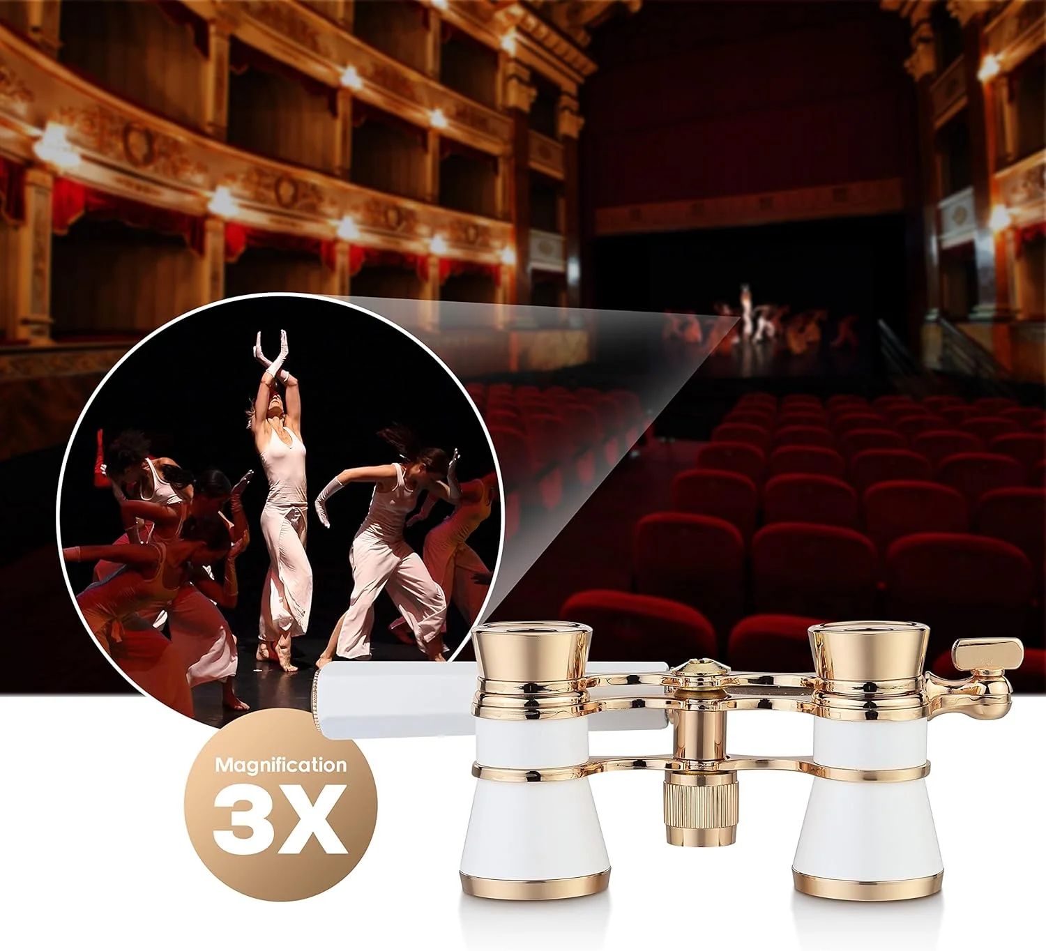 دوربین تئاتر Aomekie 3X25 با دسته، مینی دوربین جمع و جور مناسب کنسرت موسیقی برای بزرگسالان و بانوان (سفید)