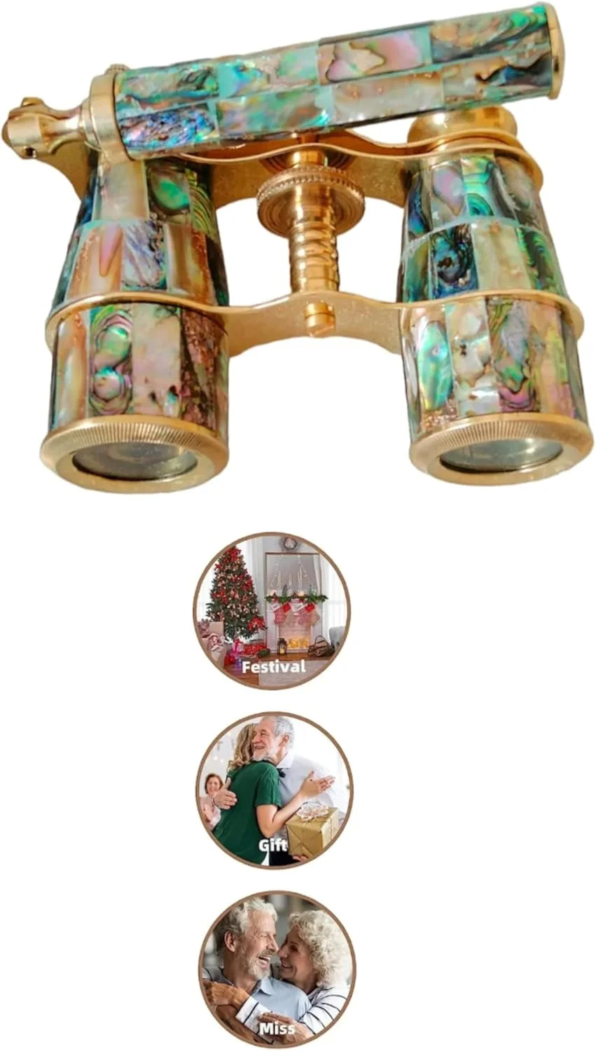 دوربین صحرایی برنجی 3x25 با صدف طبیعی سبز، دکوری دریایی و مناسب هدیه