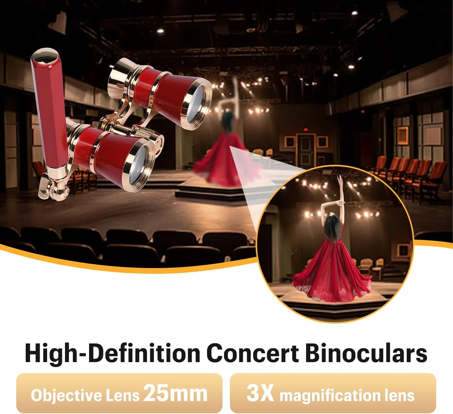 دوربین شکاری تئاتری، دوربین دوچشمی کنسرت 3X25، لنز اپتیکال با کیفیت بالا، دکمه فوکوس قابل تنظیم و دسته تلسکوپی تاشو، مناسب کنسرت موسیقی و سینما