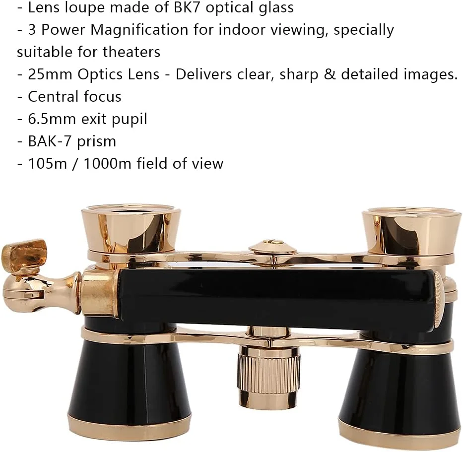 دوربین شکاری تئاتر، بزرگنمایی 3X25، جمع و جور و سبک وزن با دسته برای بانوان و کودکان در کنسرت های موسیقی، مردمک خروجی 6.5 میلی متر، فوکوس مرکزی، منشور BAK-7 (مشکی)