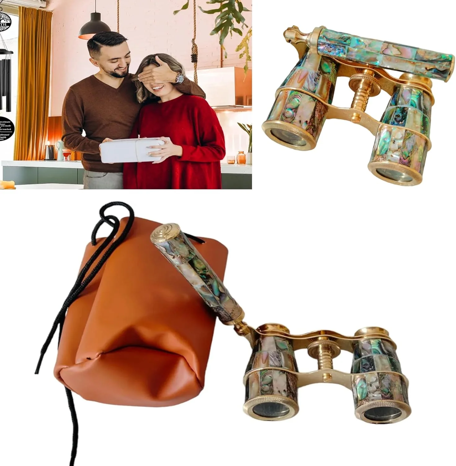 دوربین صحرایی برنجی 3x25 با صدف طبیعی سبز، دکوری دریایی و مناسب هدیه