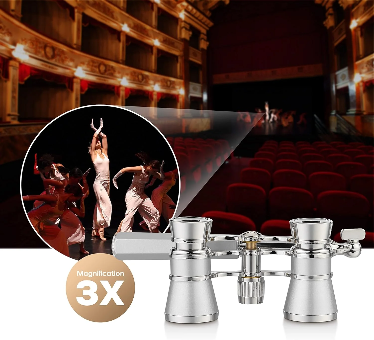 دوربین تئاتر Aomekie با بزرگنمایی 3X25، دوربین کوچک تئاتر با دسته، مناسب بزرگسالان و بانوان در کنسرت موسیقی (نقره ای)