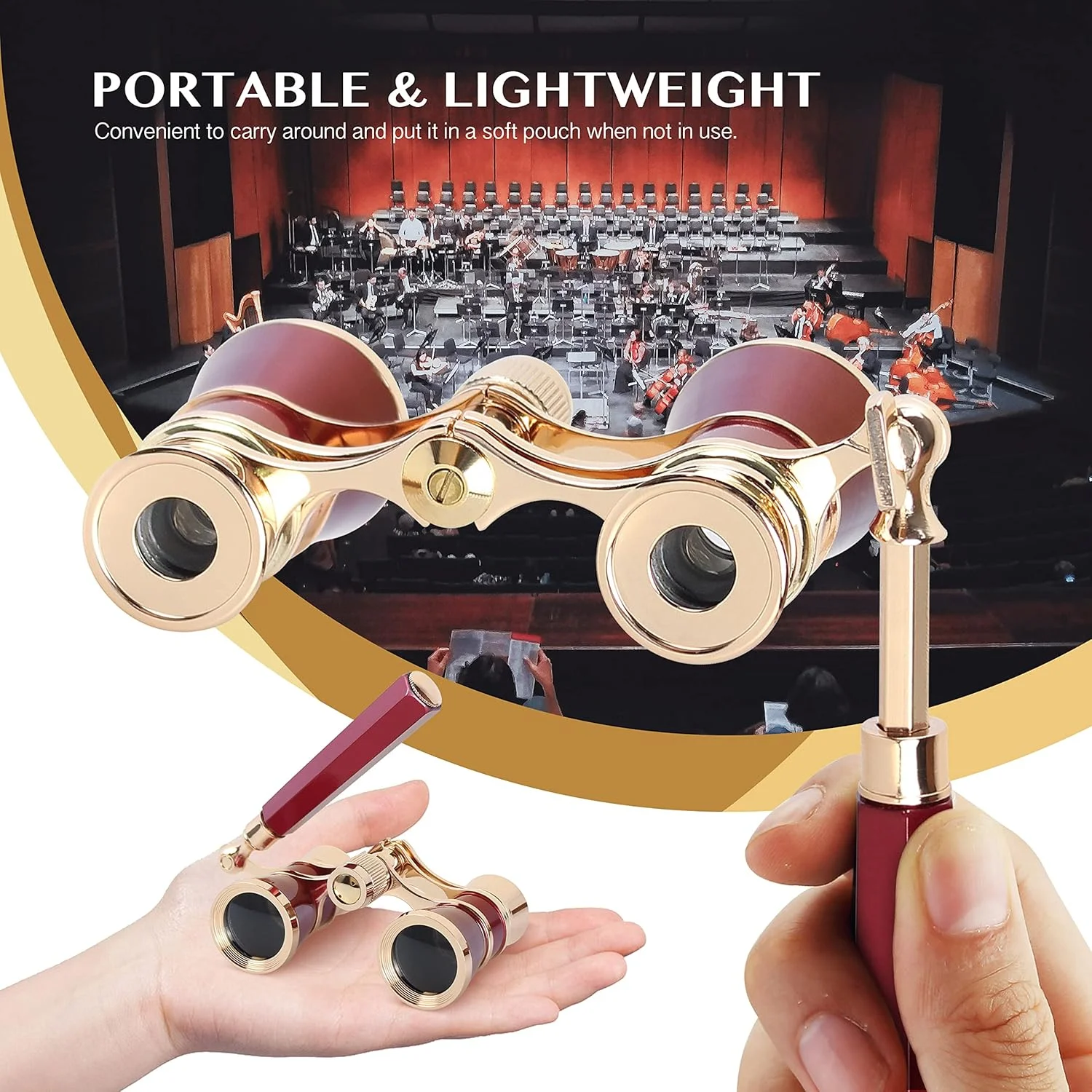 دوربین تئاتر Aomekie، دوربین دوچشمی 3X25 با دسته، مینی و جمع و جور برای بزرگسالان و بانوان، مناسب کنسرت موسیقی (قرمز)