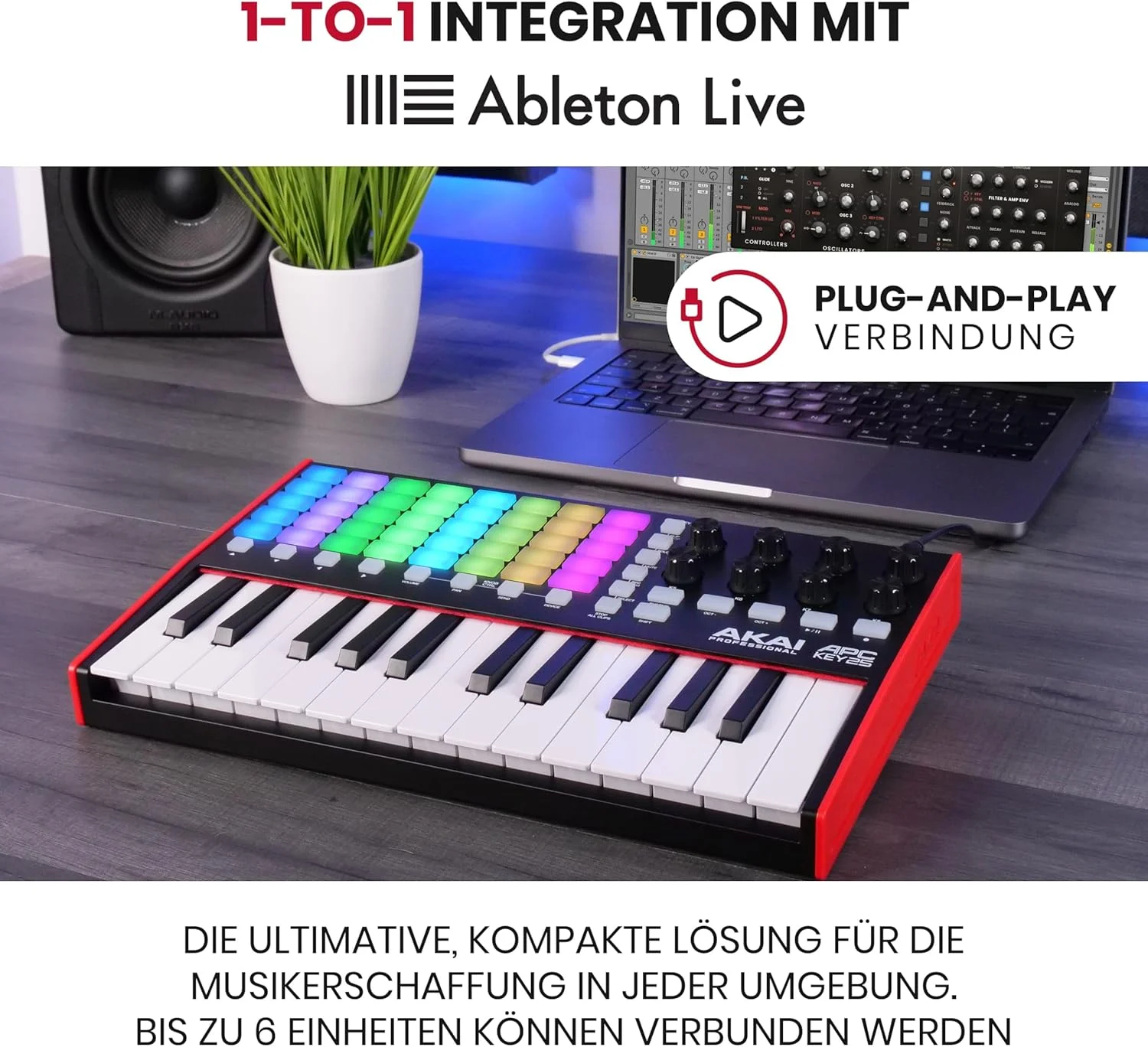 Akai Professional APC Key 25 MK2 - کنترلر صفحه کلید USB MIDI برای راه اندازی کلیپ با Ableton Live Lite، 25 کلید، 40 پد RGB و 8 دستگیره چرخشی