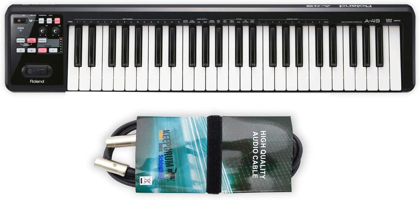 کیبورد کنترلر MIDI رولند A49 A-49 BK USB مشکی + کابل MIDI کیپ درام 2 متری