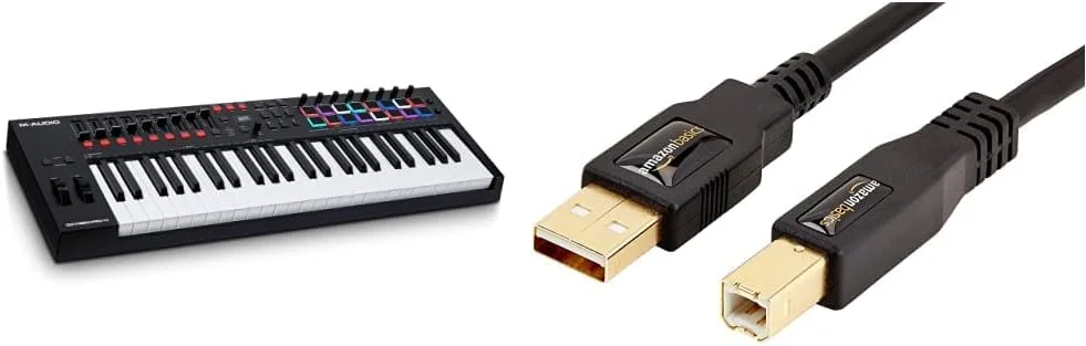 ام آودیو Oxygen Pro 49 – کنترلر MIDI USB با 49 کلاویه، پدهای درام، ناب‌ها، دکمه‌ها و کابل USB 2.0 نوع A به نوع B آمازون بیسیکس با اتصالات طلایی، 3 متری