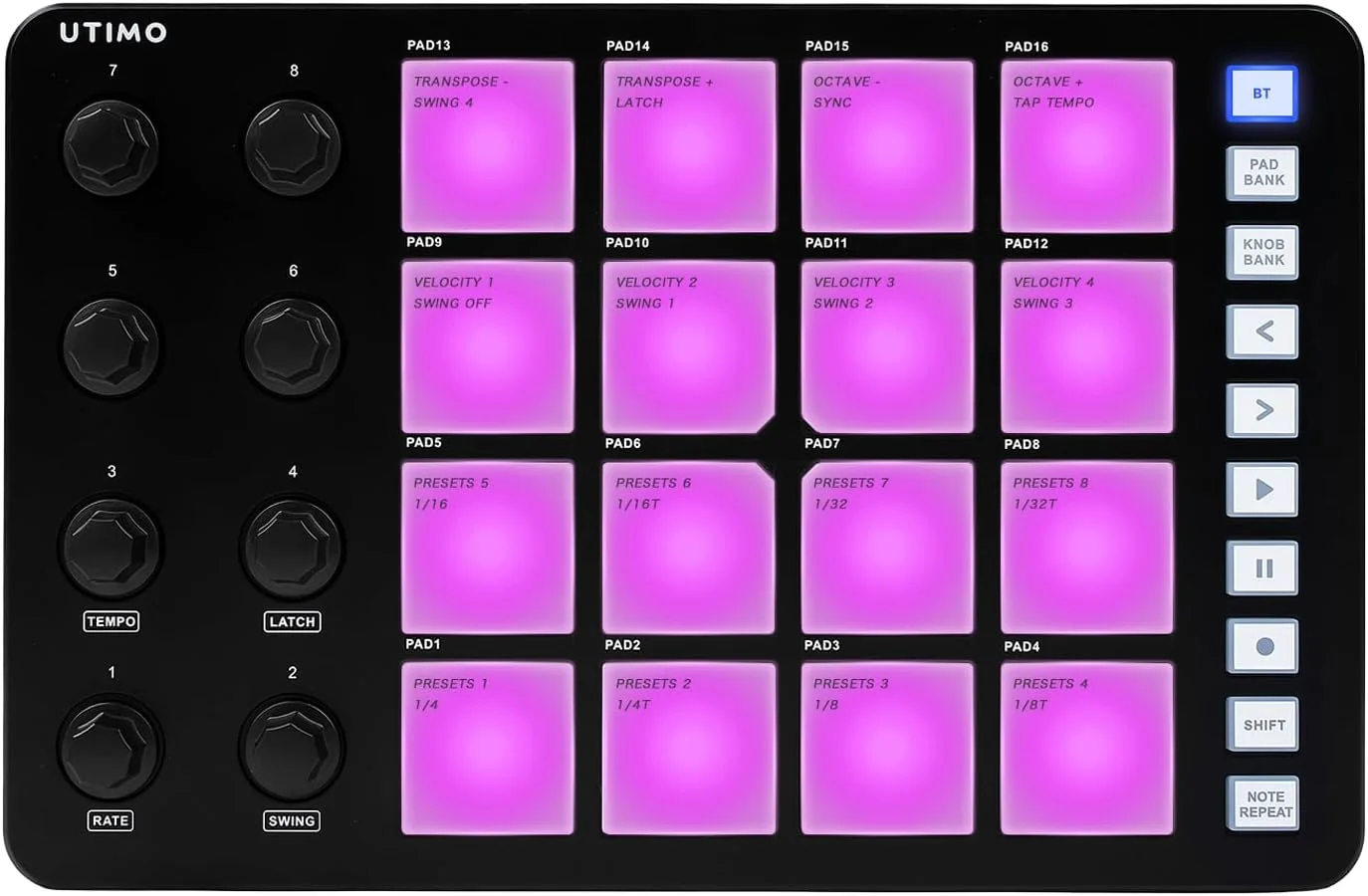 پد پرکاشن کنترلر MIDI نیکو با 16 دکمه، نور پس زمینه RGB، اتصال BT، خروجی 3.5 میلی متری با تاخیر کم، باتری داخلی (مشکی)